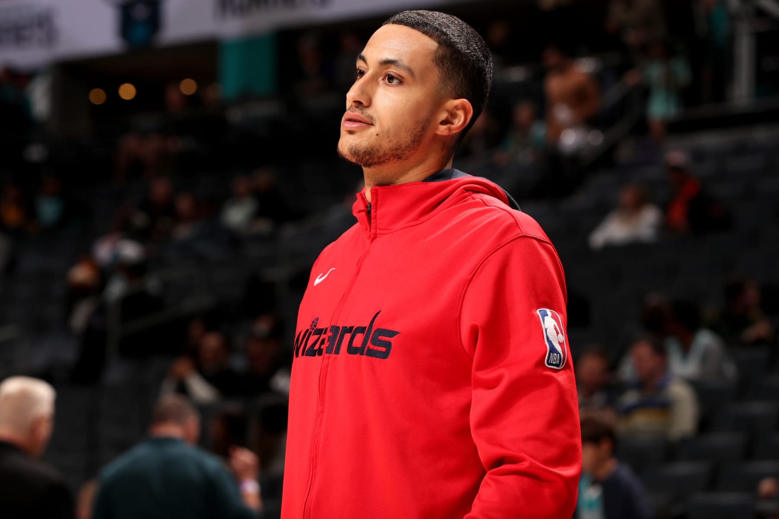 CHARLOTTE, NC - DECEMBER 2: Kyle Kuzma #33 of the Washington Wizards looks on before the game against the Charlotte Hornets on December 2, 2022 at Spectrum Center in Charlotte, North Carolina. NOTE TO USER: User expressly acknowledges and agrees that, by downloading and or using this photograph, User is consenting to the terms and conditions of the Getty Images License Agreement. Mandatory Copyright Notice: Copyright 2022 NBAE (Photo by Kent Smith/NBAE via Getty Images)