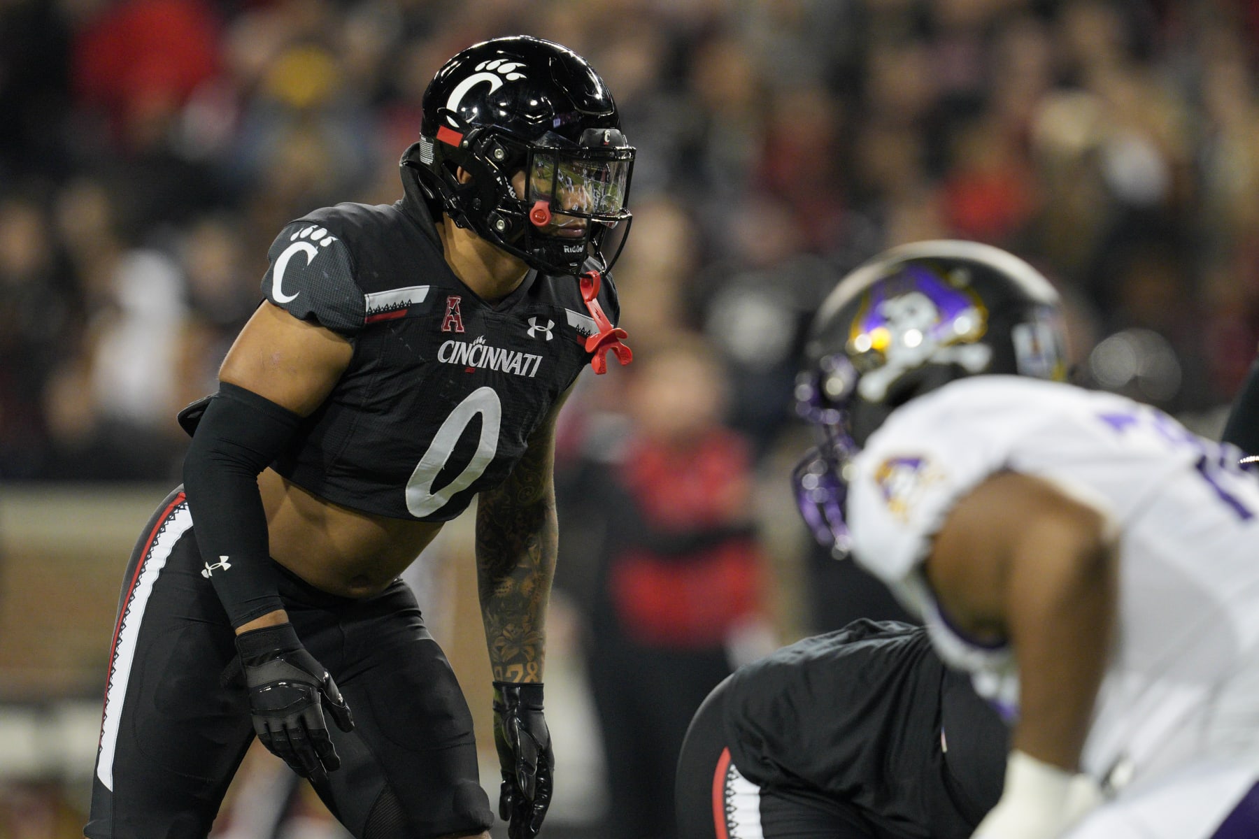 Cincinnati linebacker Ivan Pace Jr. (0) plays during an NCAA college football game against East Carolina, Friday, Nov. 11, 2022, in Cincinnati. (AP Photo/Jeff Dean)