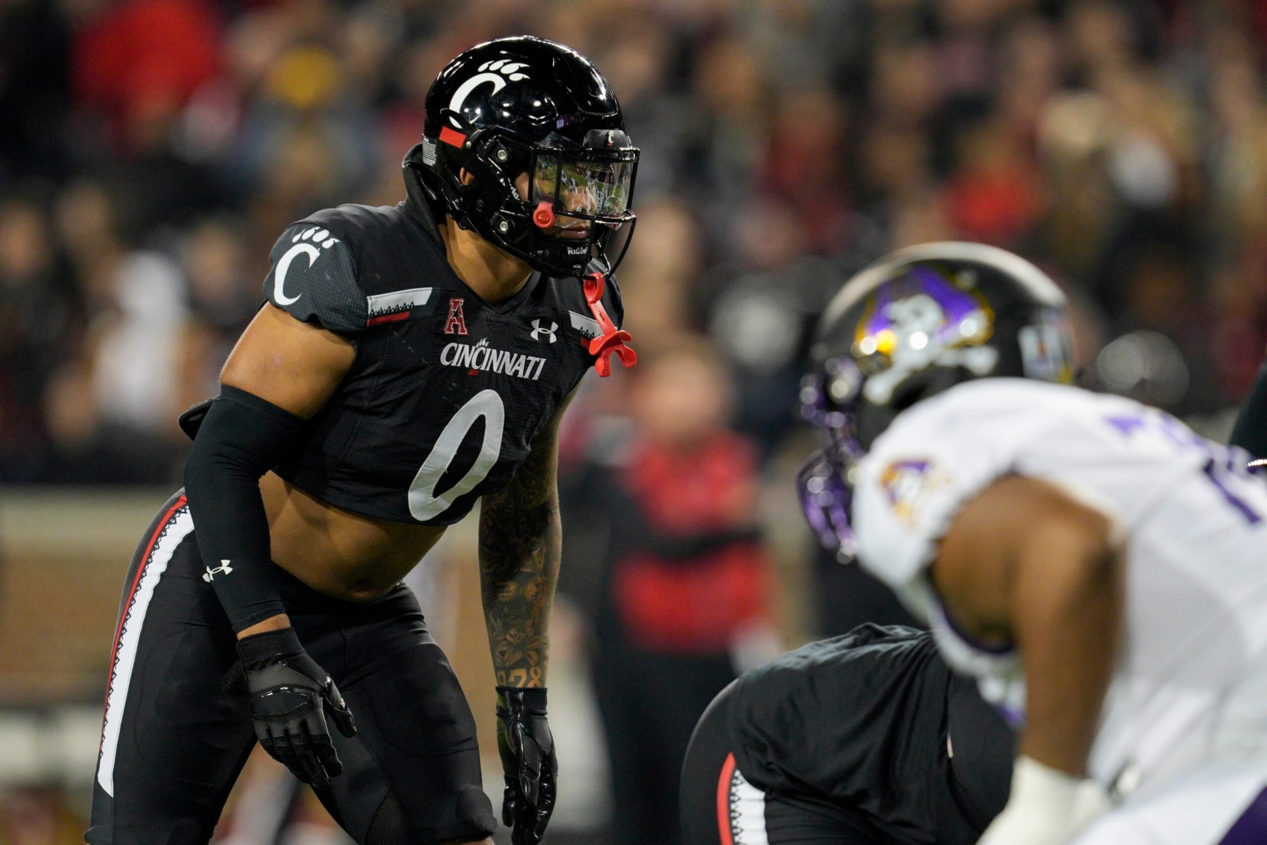 Cincinnati linebacker Ivan Pace Jr. (0) plays during an NCAA college football game against East Carolina, Friday, Nov. 11, 2022, in Cincinnati. (AP Photo/Jeff Dean)
