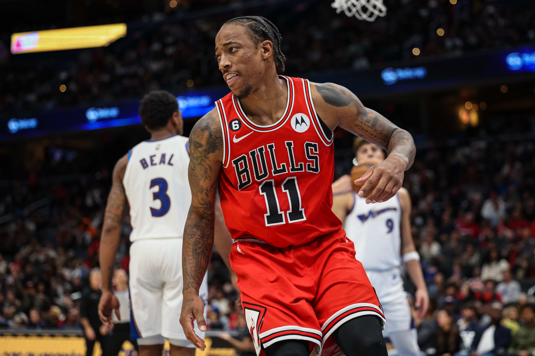 WASHINGTON, DC - OCTOBER 21: DeMar DeRozan #11 of the Chicago Bulls reacts against the Washington Wizards during the second half at Capital One Arena on October 21, 2022 in Washington, DC. NOTE TO USER: User expressly acknowledges and agrees that, by downloading and or using this photograph, User is consenting to the terms and conditions of the Getty Images License Agreement. (Photo by Scott Taetsch/Getty Images)