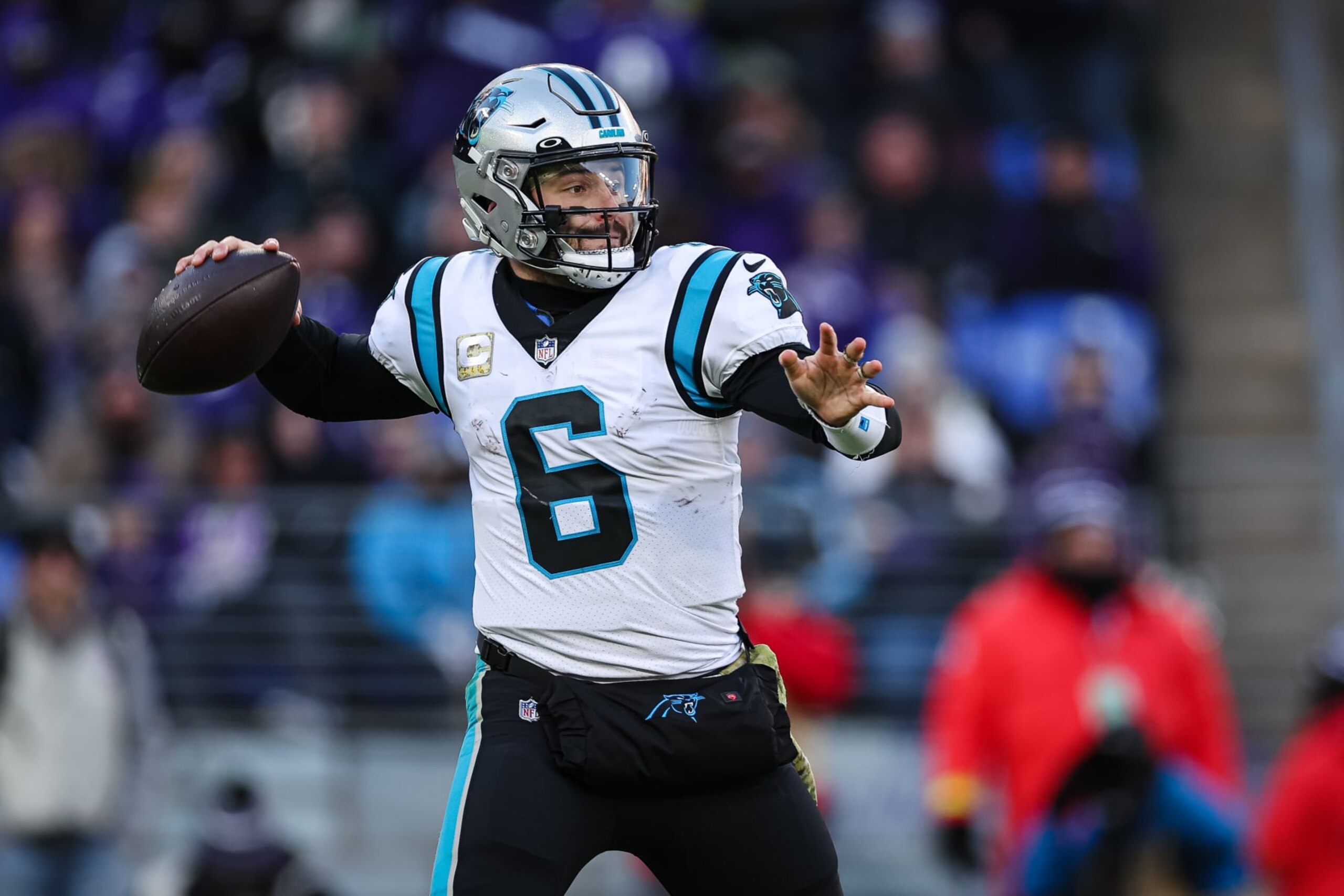 BALTIMORE, MD - NOVEMBER 20: Baker Mayfield #6 of the Carolina Panthers attempts a pass against the Baltimore Ravens during the first half at M&T Bank Stadium on November 20, 2022 in Baltimore, Maryland. (Photo by Scott Taetsch/Getty Images)