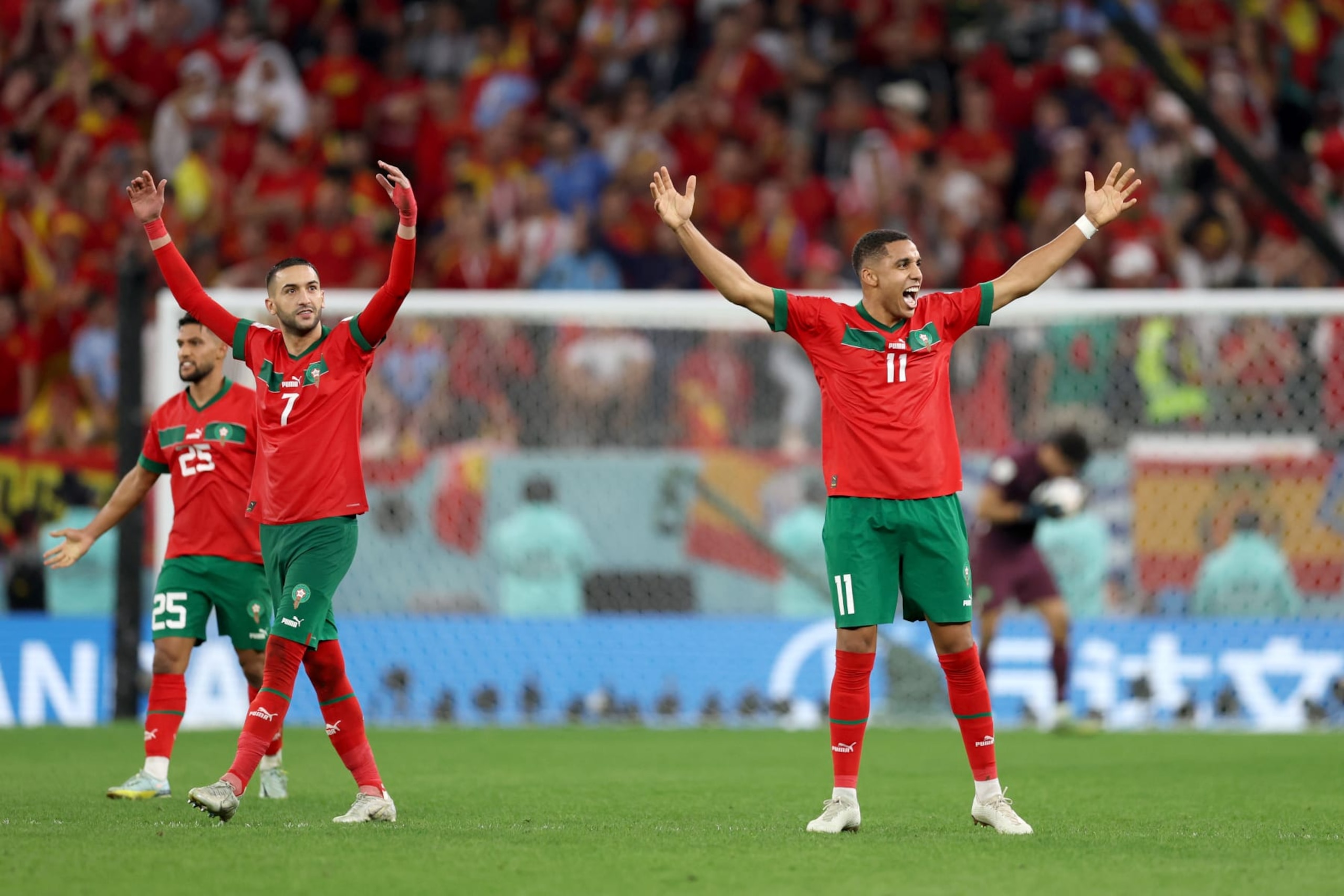 AL RAYYAN, QATAR - DECEMBER 06: Abdelhamid Sabiri of Morocco celebrates in the penalty shoot out during the FIFA World Cup Qatar 2022 Round of 16 match between Morocco and Spain at Education City Stadium on December 06, 2022 in Al Rayyan, Qatar. (Photo by Clive Brunskill/Getty Images)