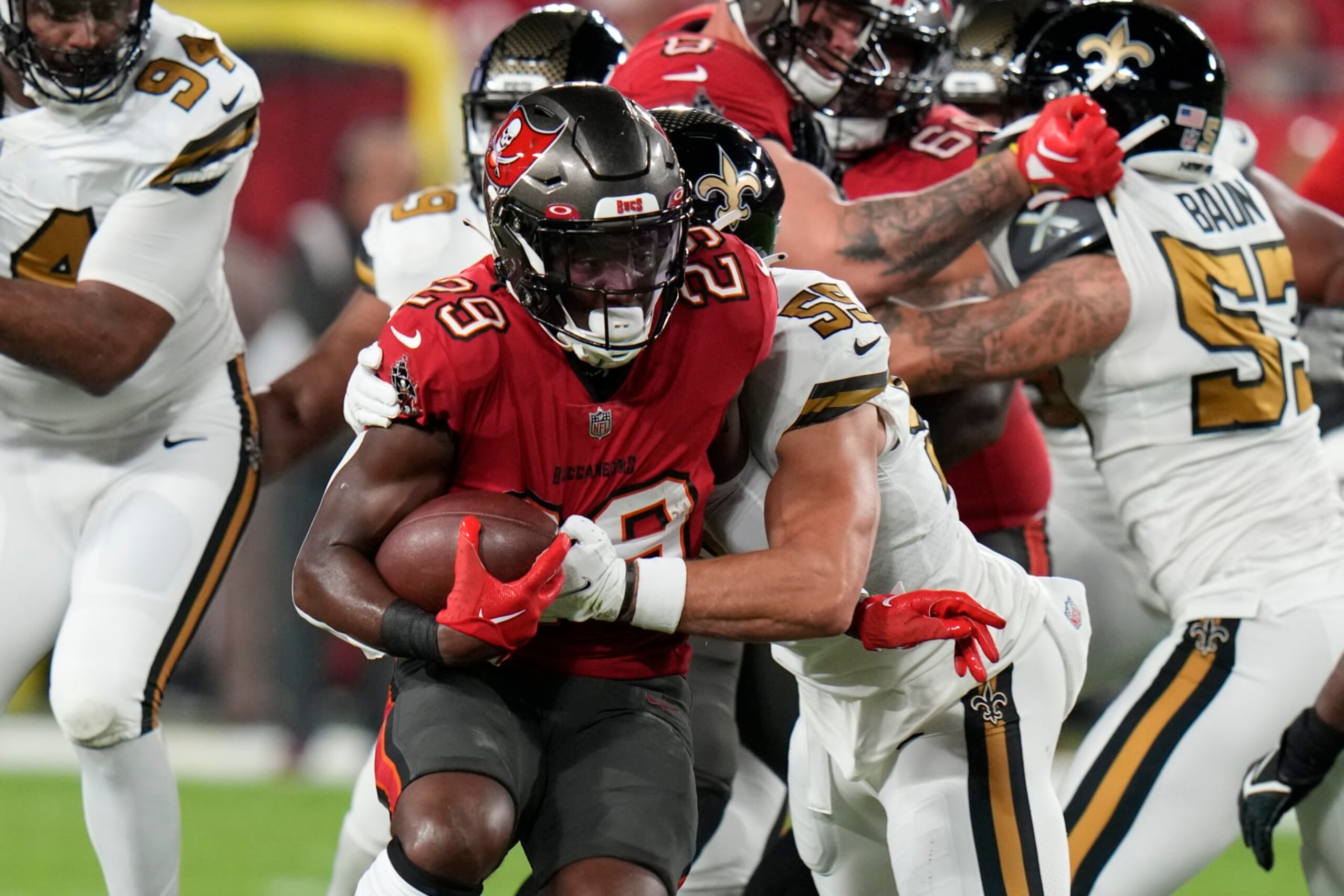 Tampa Bay Buccaneers running back Rachaad White (29) carries in the first half of an NFL football game against the New Orleans Saints in Tampa, Fla., Monday, Dec. 5, 2022. (AP Photo/Chris O'Meara)