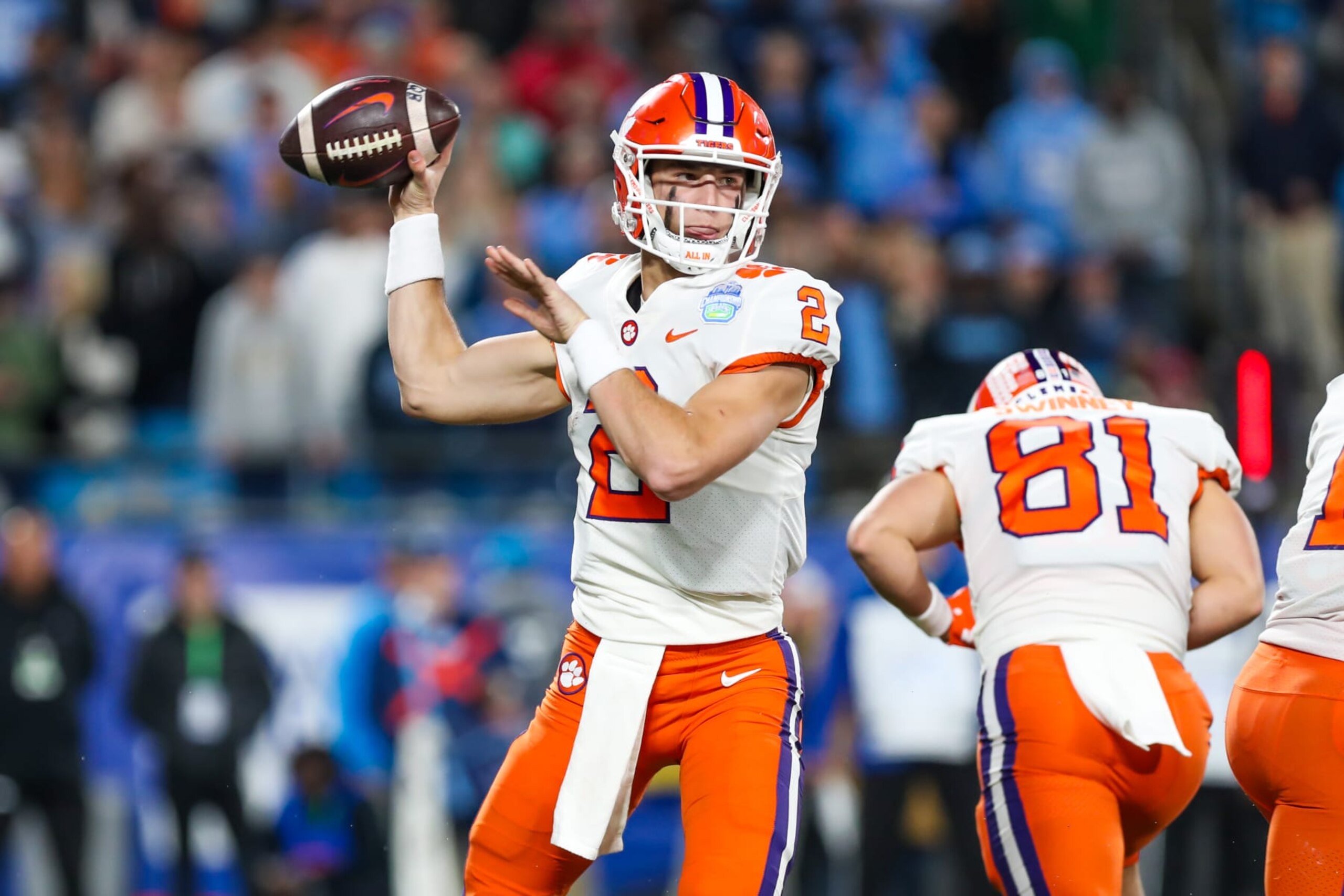 CHARLOTTE, NC - DECEMBER 03: Cade Klubnik (2) of the Clemson Tigers looks to pass the ball during the ACC Championship football game between the North Carolina Tar Heels and the Clemson Tigers on December 3, 2022 at Bank of America Stadium in Charlotte, NC. (Photo by David Jensen/Icon Sportswire via Getty Images)