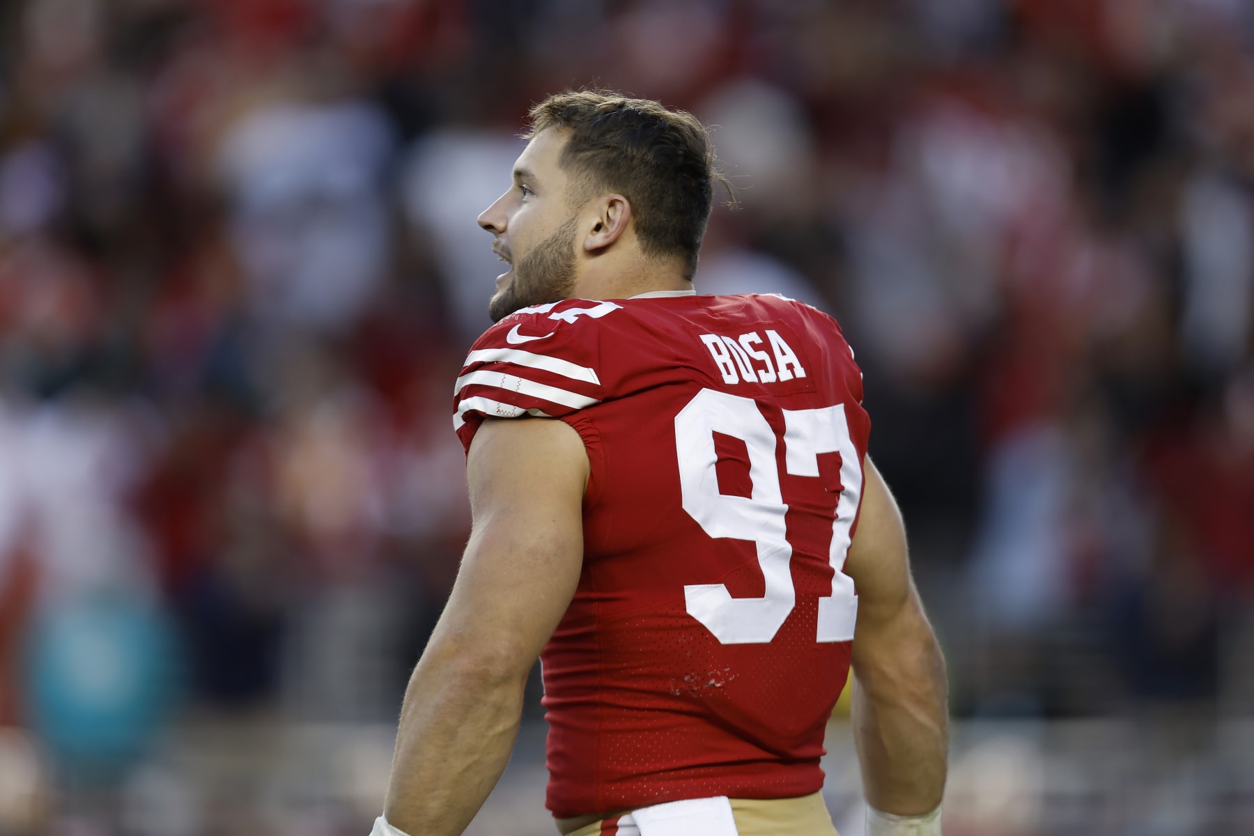 San Francisco 49ers defensive end Nick Bosa (97) against the Miami Dolphins during the second half of an NFL football game in Santa Clara, Calif., Sunday, Dec. 4, 2022. (AP Photo/Jed Jacobsohn)