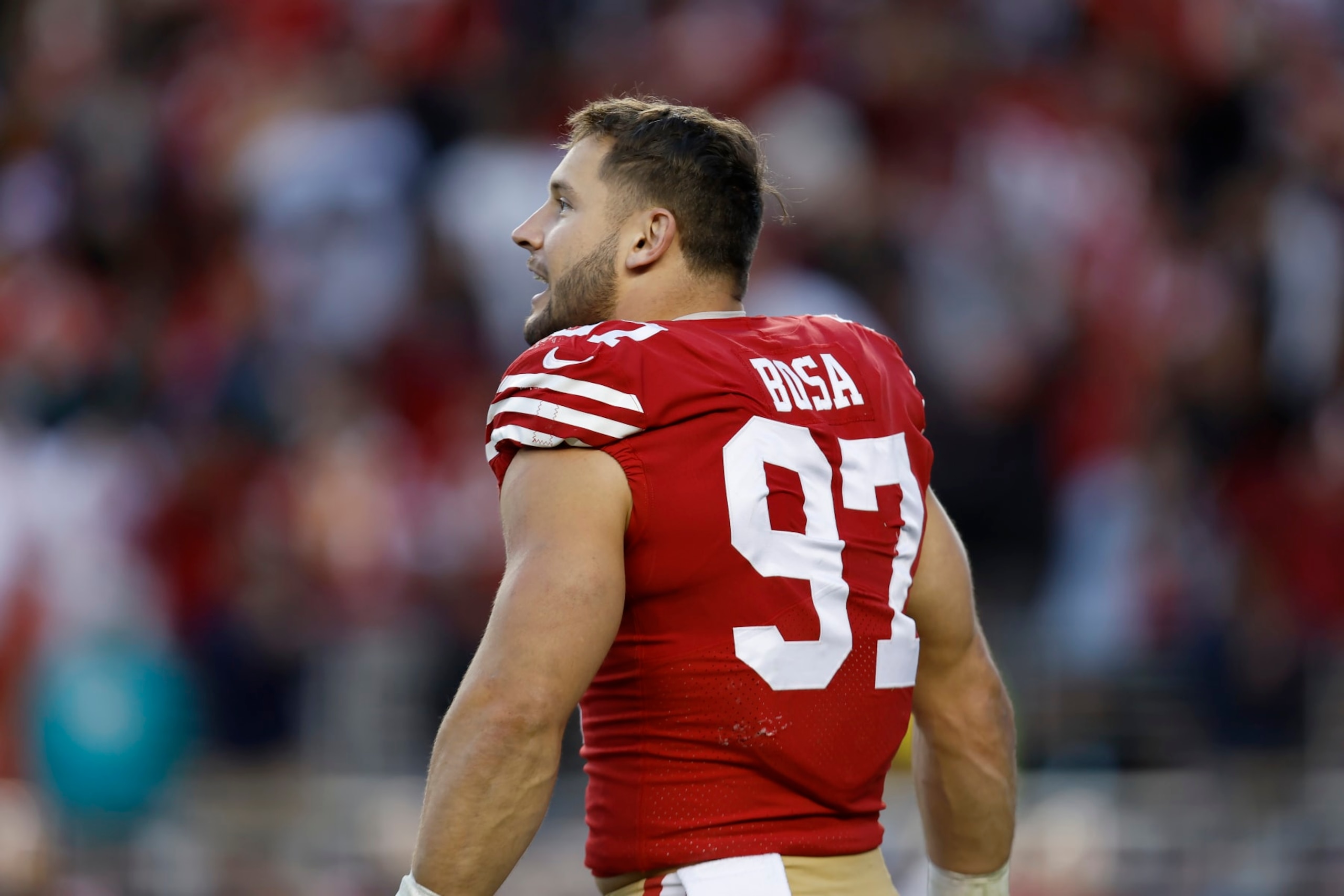 San Francisco 49ers defensive end Nick Bosa (97) against the Miami Dolphins during the second half of an NFL football game in Santa Clara, Calif., Sunday, Dec. 4, 2022. (AP Photo/Jed Jacobsohn)
