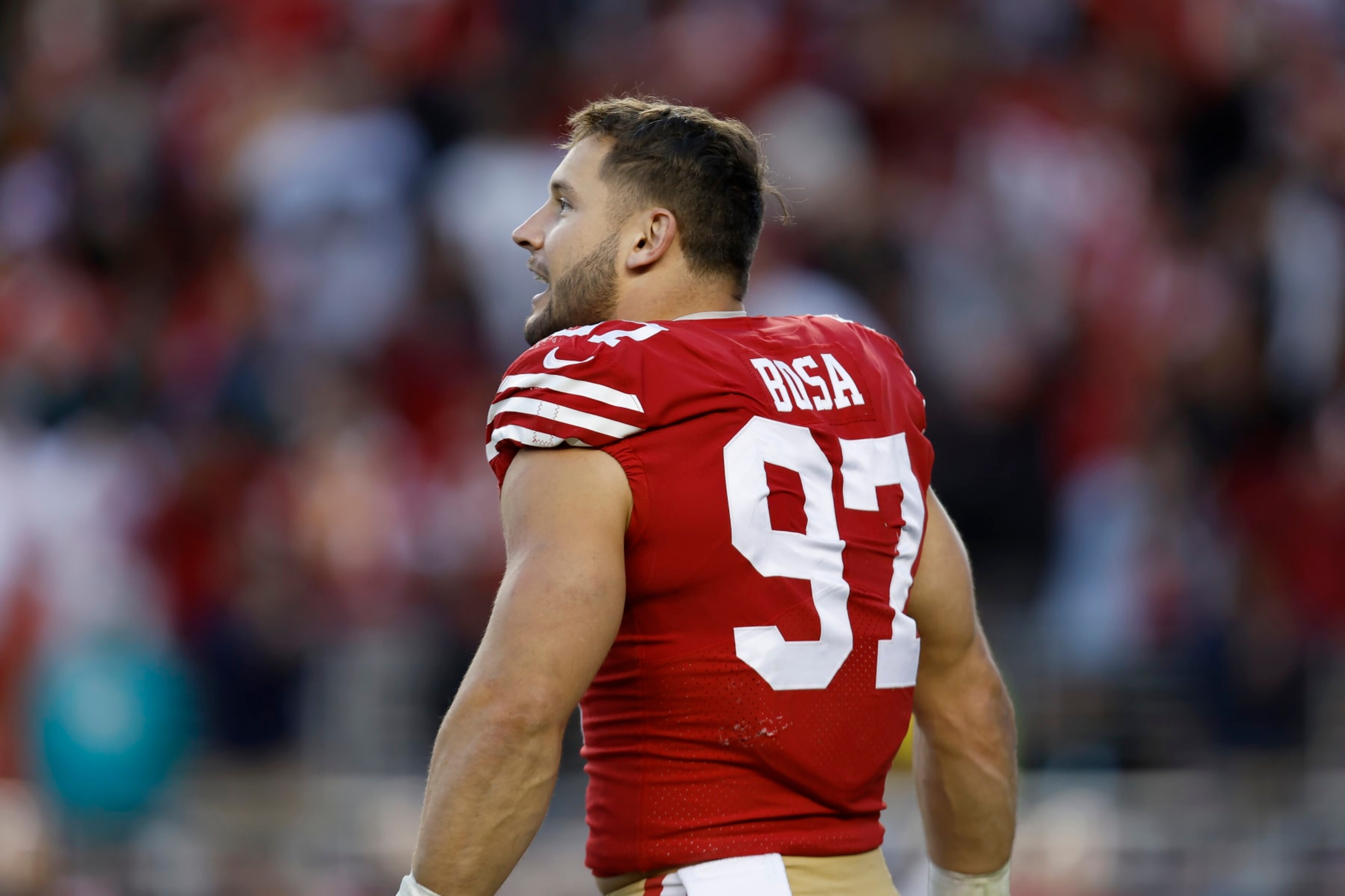 San Francisco 49ers defensive end Nick Bosa (97) against the Miami Dolphins during the second half of an NFL football game in Santa Clara, Calif., Sunday, Dec. 4, 2022. (AP Photo/Jed Jacobsohn)