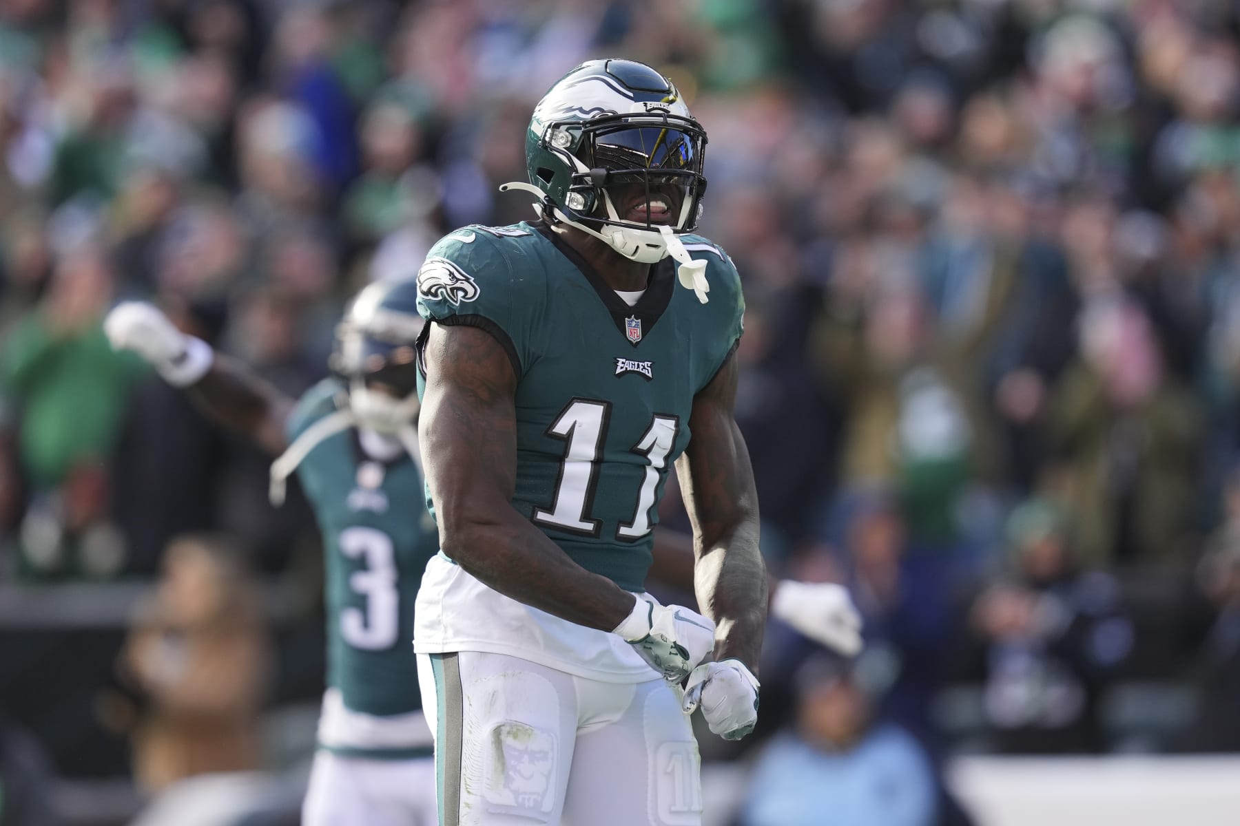 PHILADELPHIA, PA - DECEMBER 04: A.J. Brown #11 of the Philadelphia Eagles reacts after a touchdown against the Tennessee Titans at Lincoln Financial Field on December 4, 2022 in Philadelphia, Pennsylvania. (Photo by Mitchell Leff/Getty Images)