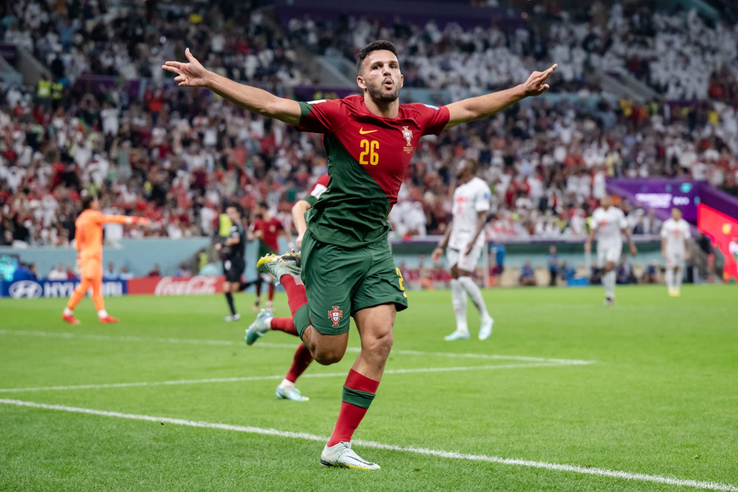 LUSAIL CITY, QATAR - DECEMBER 06: Goncalo Ramos (C) of Portugal celebrates after scoring his team's fifth goal during the FIFA World Cup Qatar 2022 Round of 16 match between Portugal and Switzerland at Lusail Stadium on December 06, 2022 in Lusail City, Qatar. (Photo by Markus Gilliar - GES Sportfoto/Getty Images) LUSAIL CITY, QATAR - DECEMBER 06: Goncalo Ramos (C) of Portugal celebrates after scoring his team's fifth goal during the FIFA World Cup Qatar 2022 Round of 16 match between Portugal and Switzerland at Lusail Stadium on December 06, 2022 in Lusail City, Qatar. (Photo by Markus Gilliar - GES Sportfoto/Getty Images)
