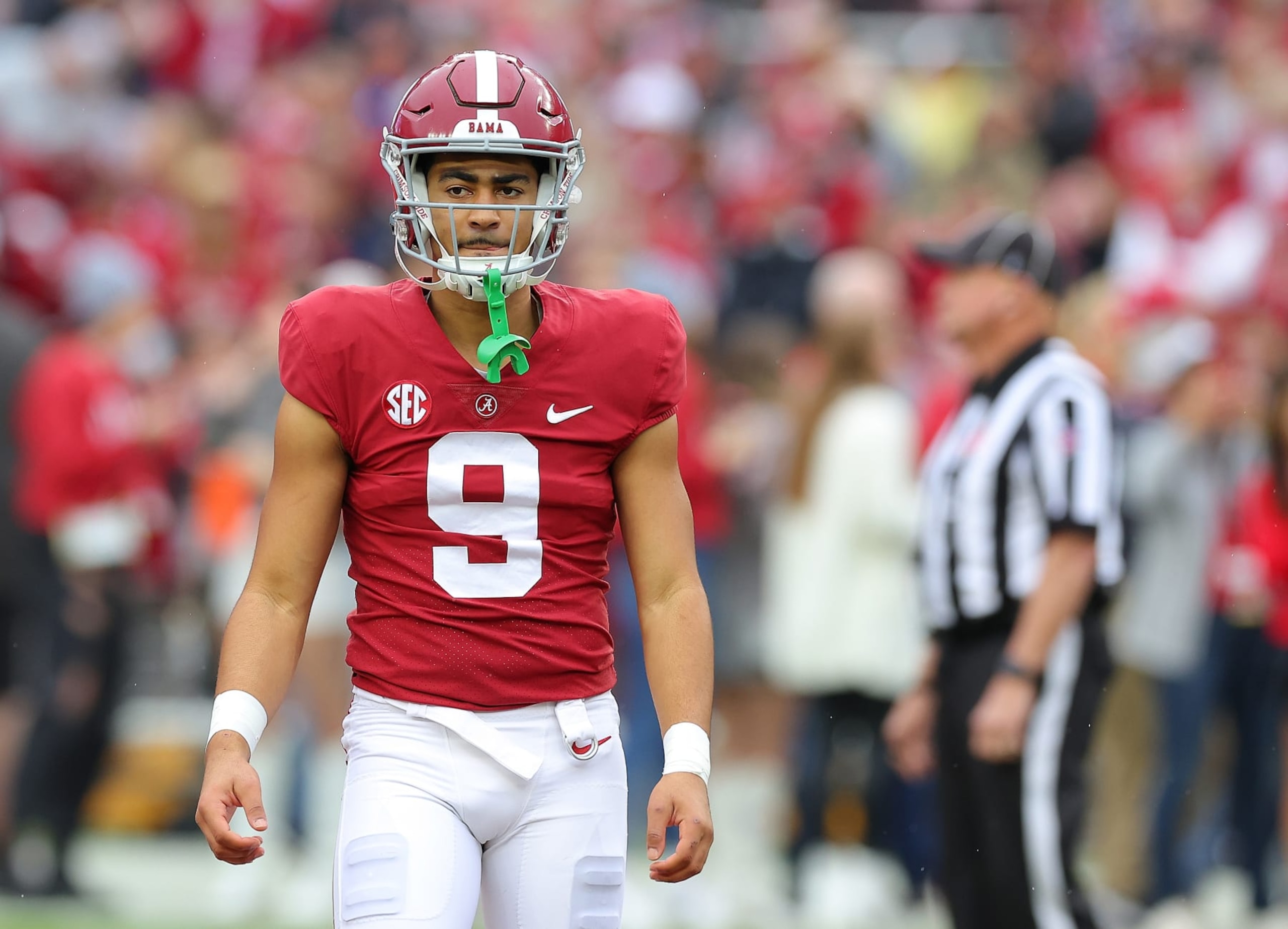 TUSCALOOSA, ALABAMA - NOVEMBER 26:  Bryce Young #9 of the Alabama Crimson Tide warms up prior to facing the Auburn Tigers at Bryant-Denny Stadium on November 26, 2022 in Tuscaloosa, Alabama. (Photo by Kevin C. Cox/Getty Images)