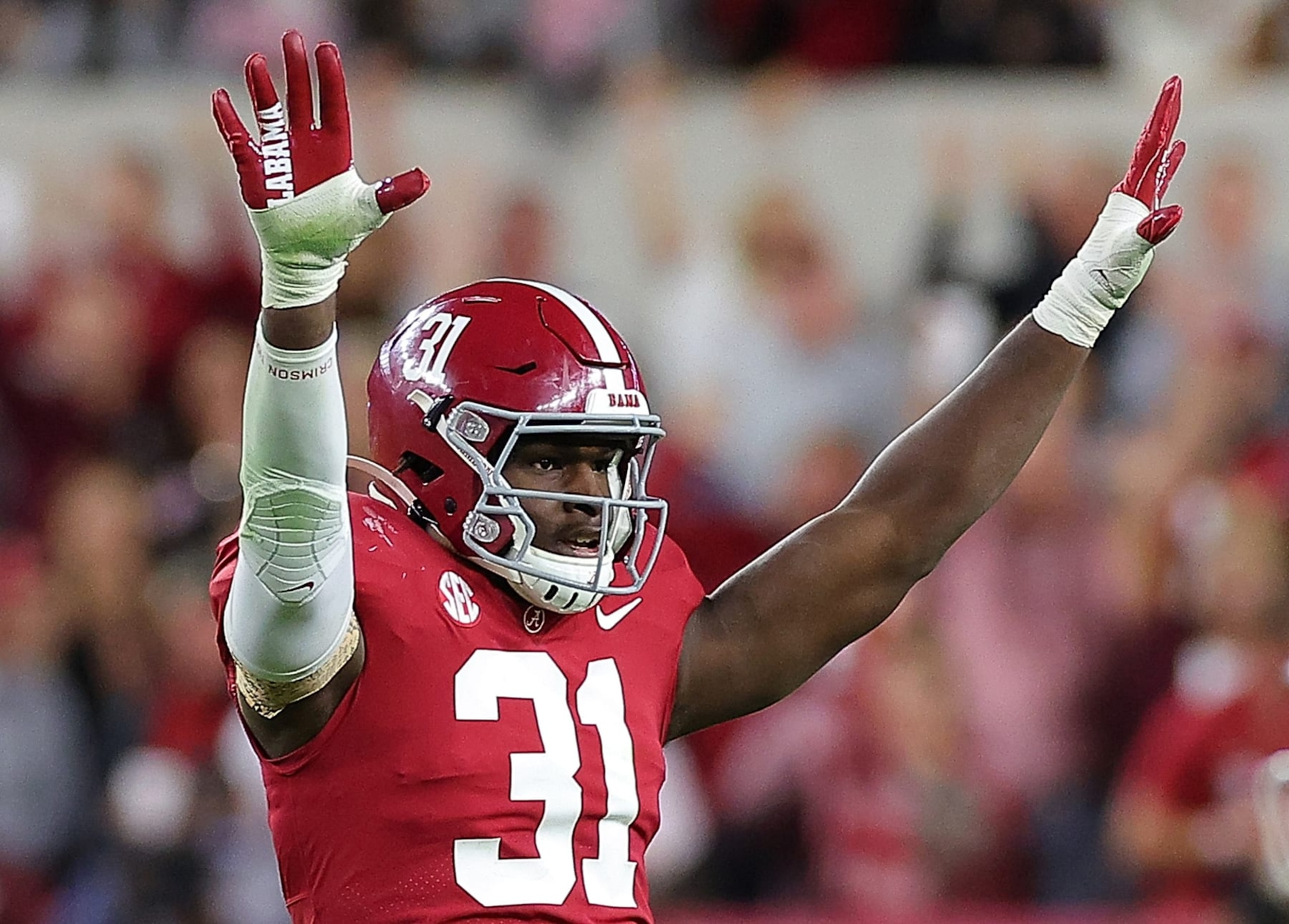 TUSCALOOSA, ALABAMA - OCTOBER 08:  Will Anderson Jr. #31 of the Alabama Crimson Tide reacts after a defensive stop against the Texas A&M Aggies during the second half at Bryant-Denny Stadium on October 08, 2022 in Tuscaloosa, Alabama. (Photo by Kevin C. Cox/Getty Images)