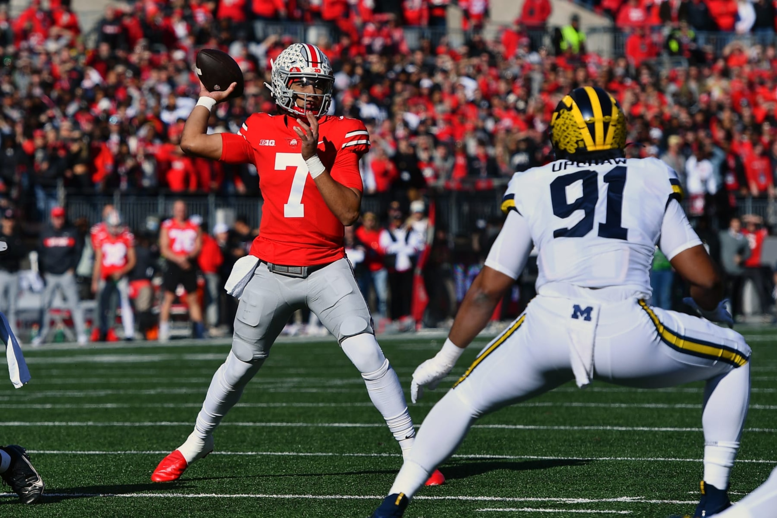 COLUMBUS, OHIO - NOVEMBER 26: C.J. Stroud #7 of the Ohio State Buckeyes throws the ball during the first quarter of a game against the Michigan Wolverines at Ohio Stadium on November 26, 2022 in Columbus, Ohio. (Photo by Ben Jackson/Getty Images)