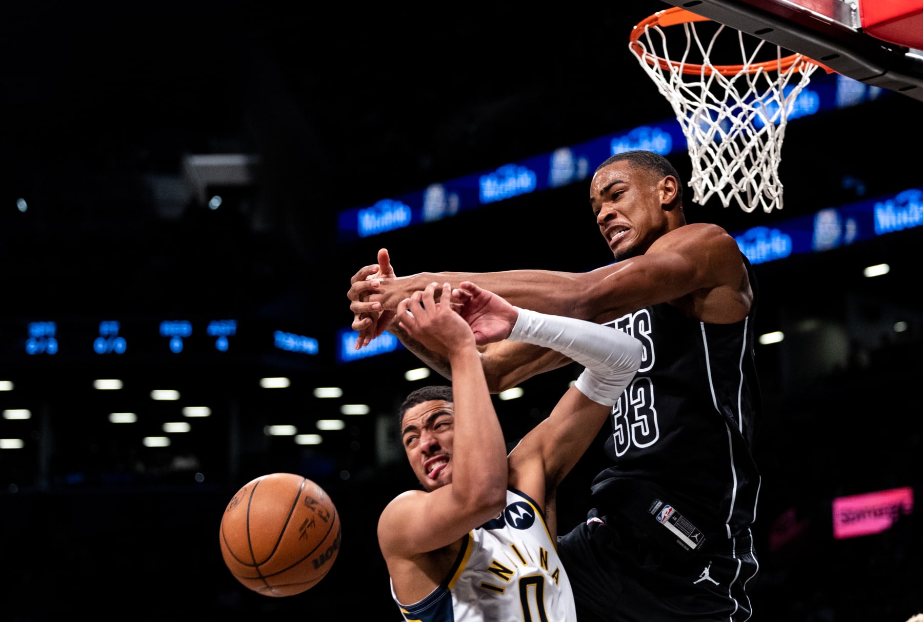 NEW YORK, NEW YORK - OCTOBER 31: Tyrese Haliburton #0 of the Indiana Pacers has a shot blocked by Nicolas Claxton #33 of the Brooklyn Nets during the first quarter of the game at Barclays Center on October 31, 2022 in New York City. NOTE TO USER: User expressly acknowledges and agrees that, by downloading and or using this photograph, User is consenting to the terms and conditions of the Getty Images License Agreement. (Photo by Dustin Satloff/Getty Images)