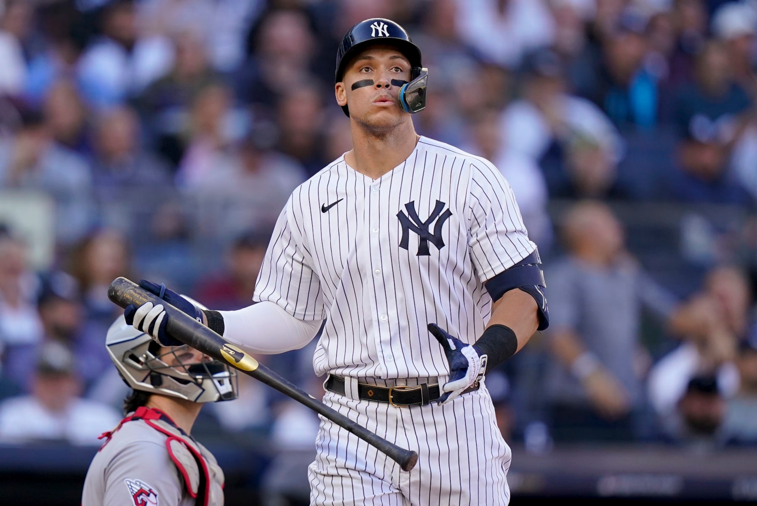 New York Yankees center fielder Aaron Judge reacts after striking out against the Cleveland Guardians during the seventh inning of Game 2 of an American League Division baseball series, Friday, Oct. 14, 2022, in New York. (AP Photo/Frank Franklin II) New York Yankees center fielder Aaron Judge reacts after striking out against the Cleveland Guardians during the seventh inning of Game 2 of an American League Division baseball series, Friday, Oct. 14, 2022, in New York. (AP Photo/Frank Franklin II)