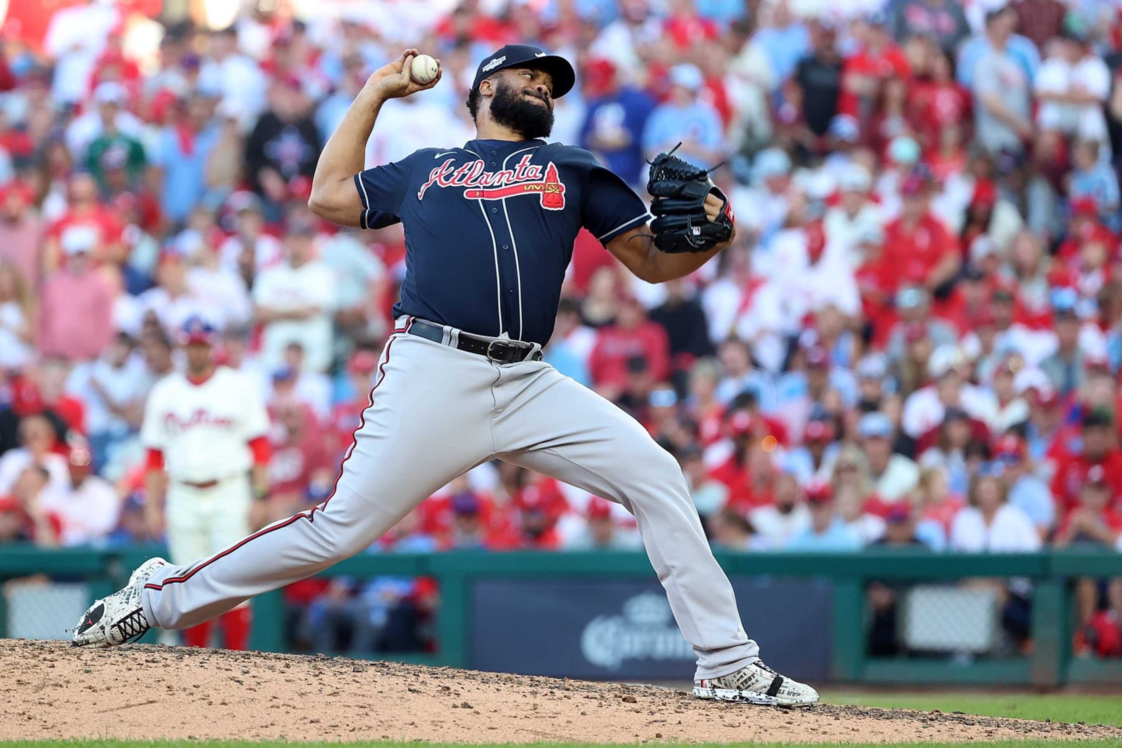 PHILADELPHIA, PENNSYLVANIA - OCTOBER 15: Kenley Jansen #74 of the Atlanta Braves throws a pitch against the Philadelphia Phillies during the eighth inning in game four of the National League Division Series at Citizens Bank Park on October 15, 2022 in Philadelphia, Pennsylvania. (Photo by Tim Nwachukwu/Getty Images)