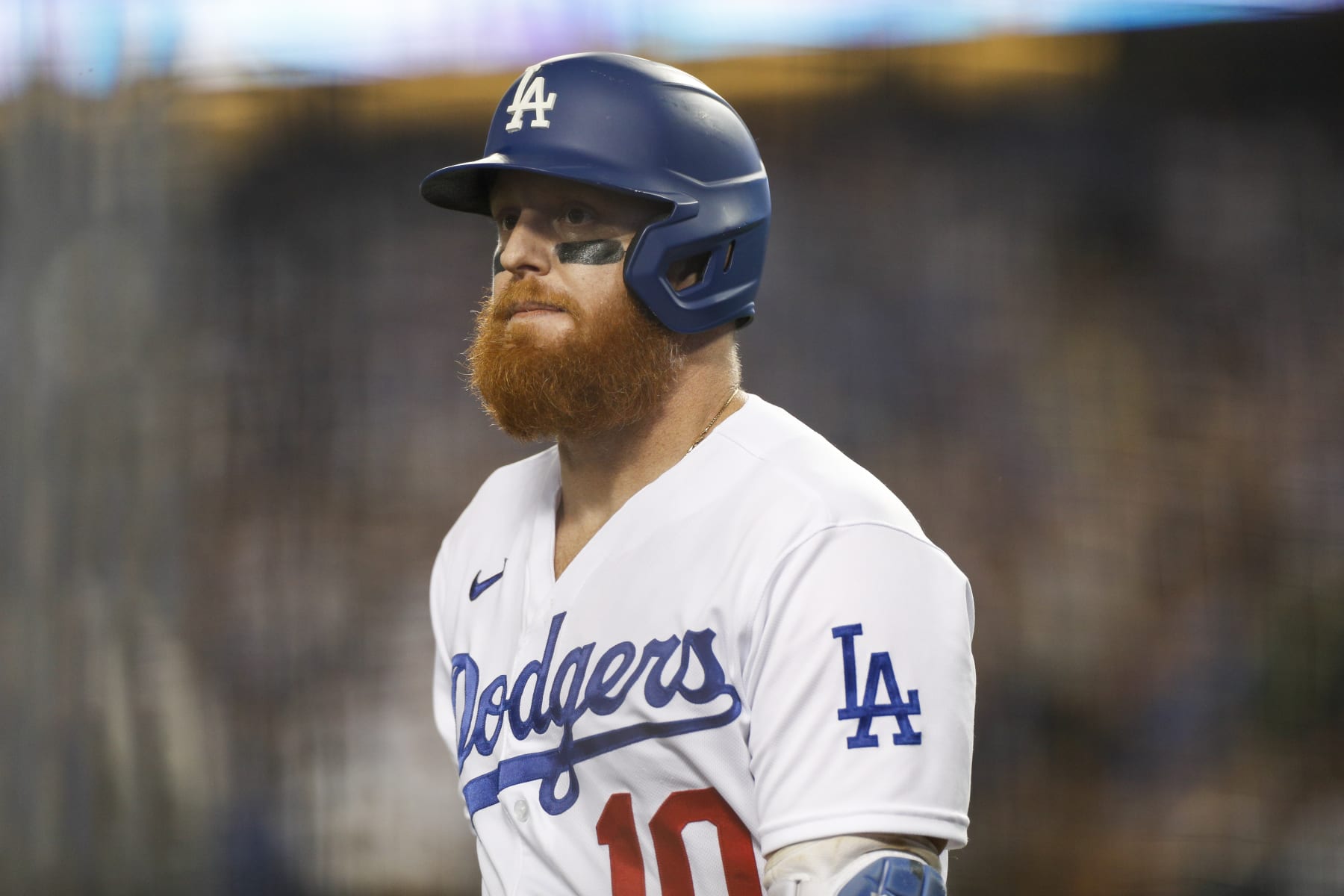 LOS ANGELES, CA - OCTOBER 12: Los Angeles Dodgers designated hitter Justin Turner (10) reacts during the NLDS Game 2 between the San Diego Padres and the Los Angeles Dodgers on October 12, 2022 at Dodger Stadium in Los Angeles, CA. (Photo by Brandon Sloter/Icon Sportswire via Getty Images)