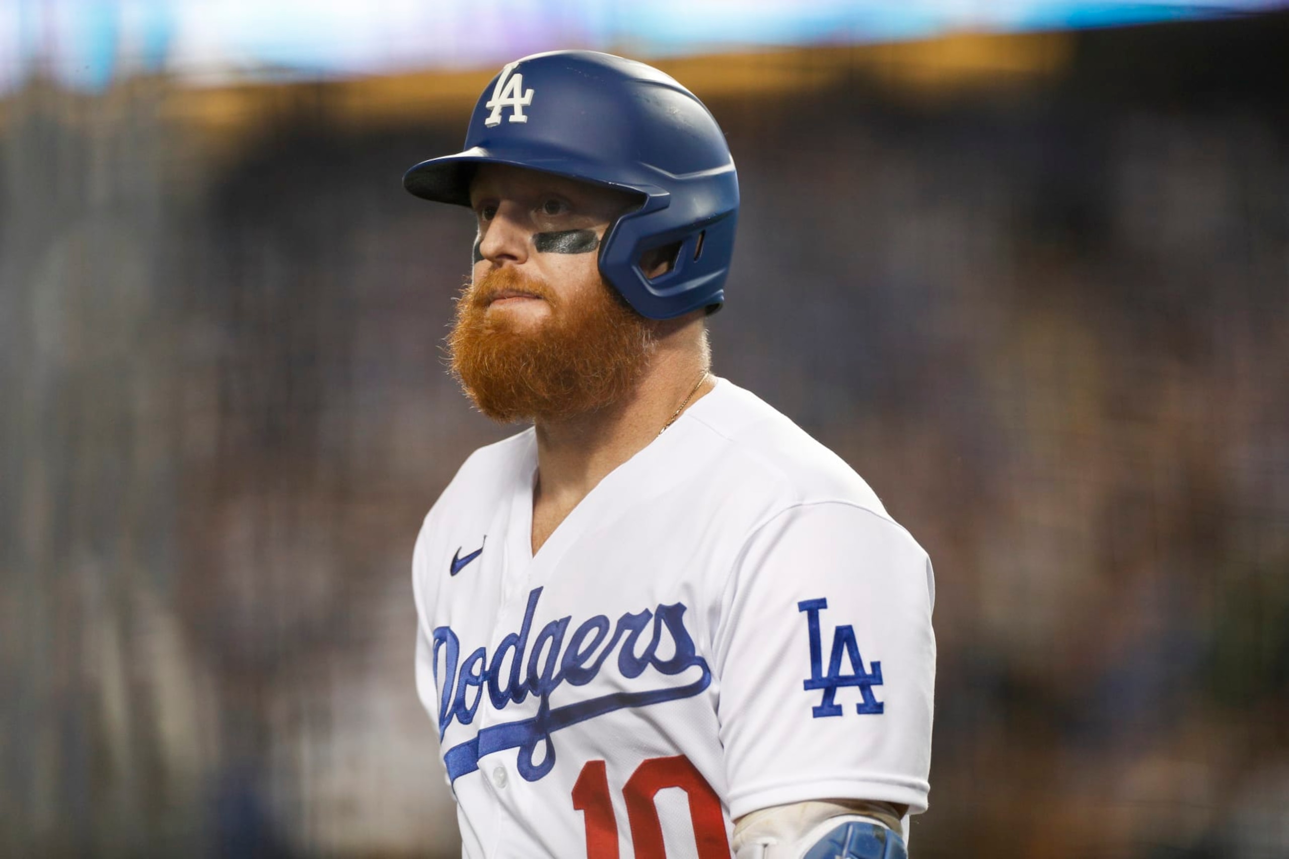 LOS ANGELES, CA - OCTOBER 12: Los Angeles Dodgers designated hitter Justin Turner (10) reacts during the NLDS Game 2 between the San Diego Padres and the Los Angeles Dodgers on October 12, 2022 at Dodger Stadium in Los Angeles, CA. (Photo by Brandon Sloter/Icon Sportswire via Getty Images)