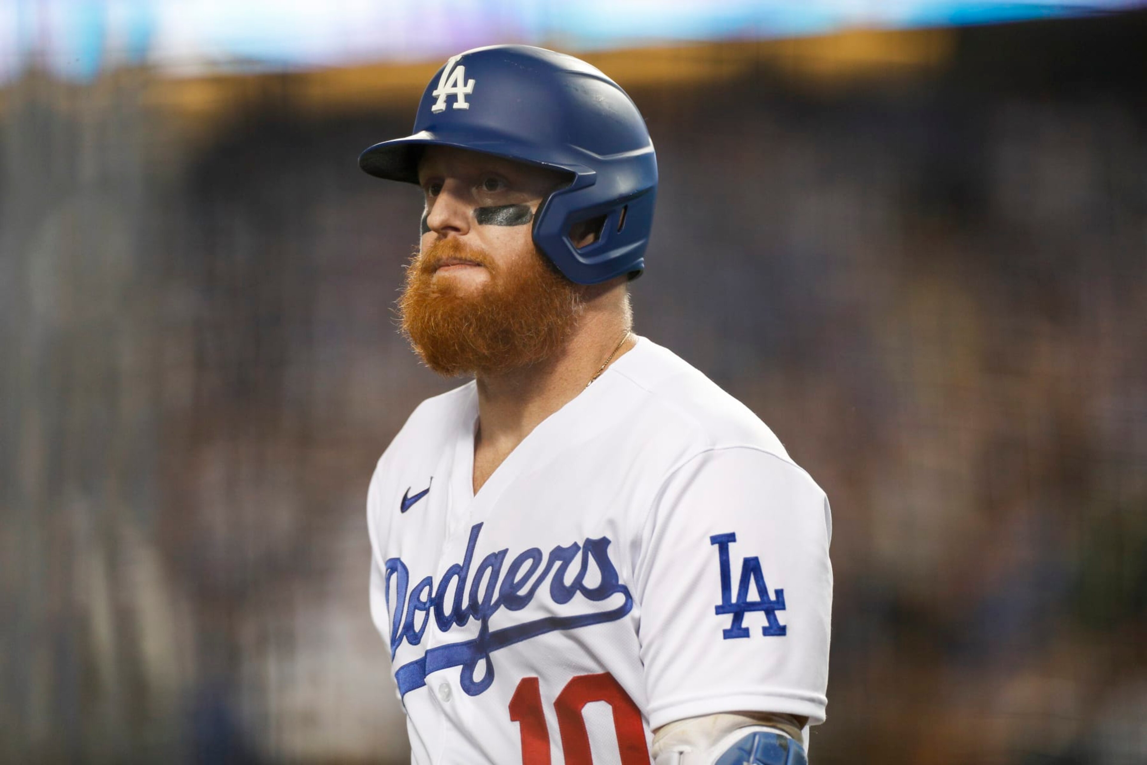 LOS ANGELES, CA - OCTOBER 12: Los Angeles Dodgers designated hitter Justin Turner (10) reacts during the NLDS Game 2 between the San Diego Padres and the Los Angeles Dodgers on October 12, 2022 at Dodger Stadium in Los Angeles, CA. (Photo by Brandon Sloter/Icon Sportswire via Getty Images)