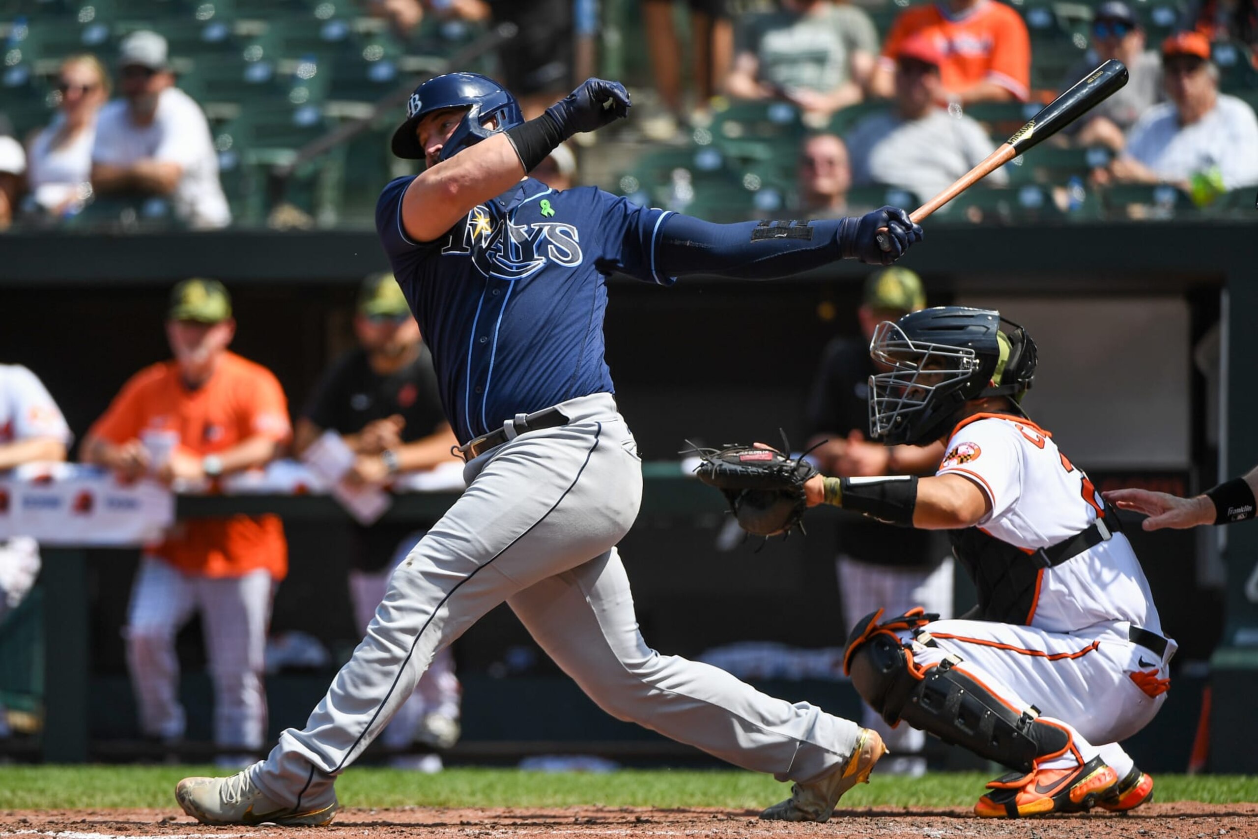 BALTIMORE, MD - MAY 22, 2022: Mike Zunino #10 of the Tampa Bay Rays bats during the fourth inning against the Baltimore Orioles at Oriole Park at Camden Yards on May 22, 2022 in Baltimore, Maryland. (Photo by Chris Bernacchi/Diamond Images via Getty Images)