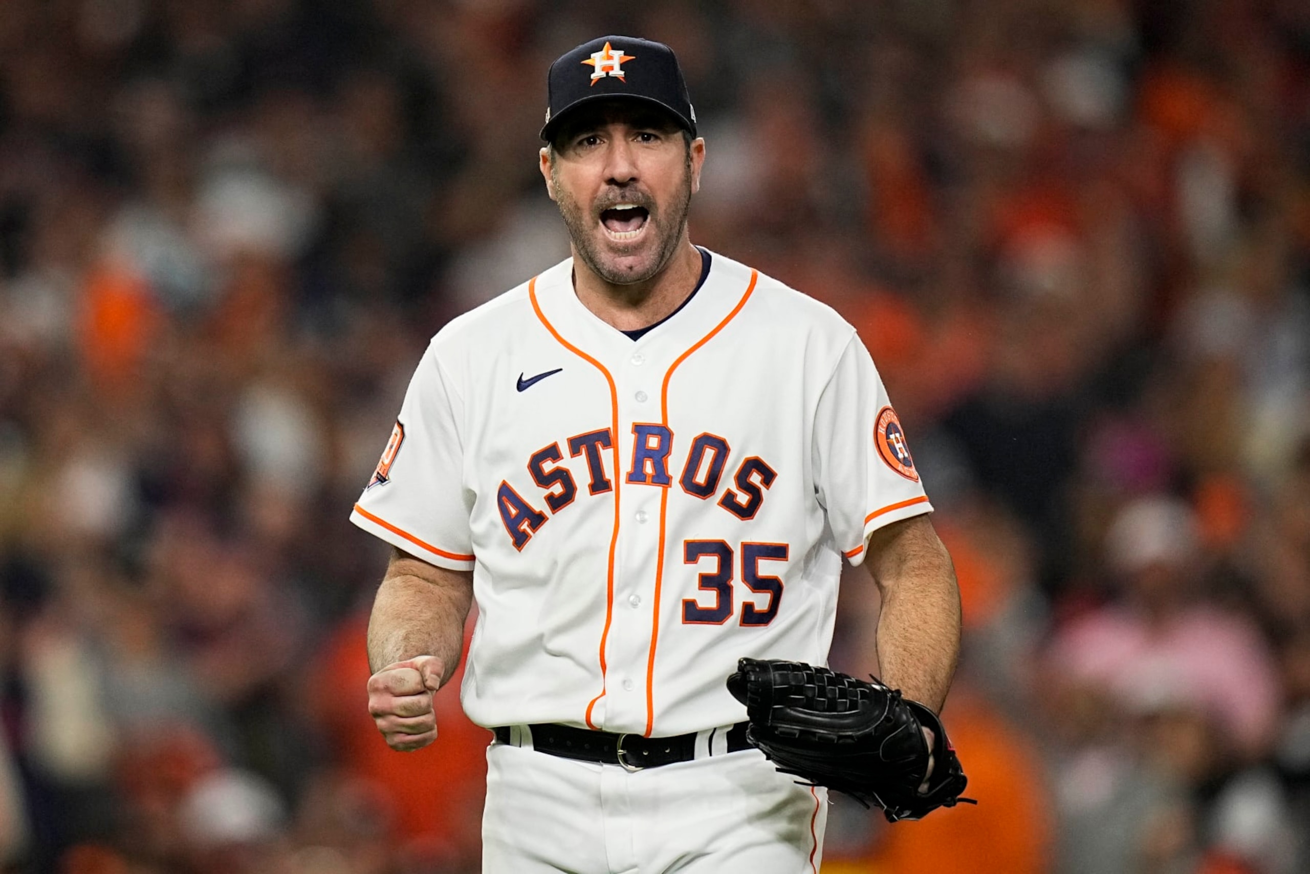 Houston Astros starting pitcher Justin Verlander (35) celebrates the third out during the sixth inning in Game 1 of baseball's American League Championship Series between the Houston Astros and the New York Yankees, Wednesday, Oct. 19, 2022, in Houston. (AP Photo/Eric Gay) Houston Astros starting pitcher Justin Verlander (35) celebrates the third out during the sixth inning in Game 1 of baseball's American League Championship Series between the Houston Astros and the New York Yankees, Wednesday, Oct. 19, 2022, in Houston. (AP Photo/Eric Gay)