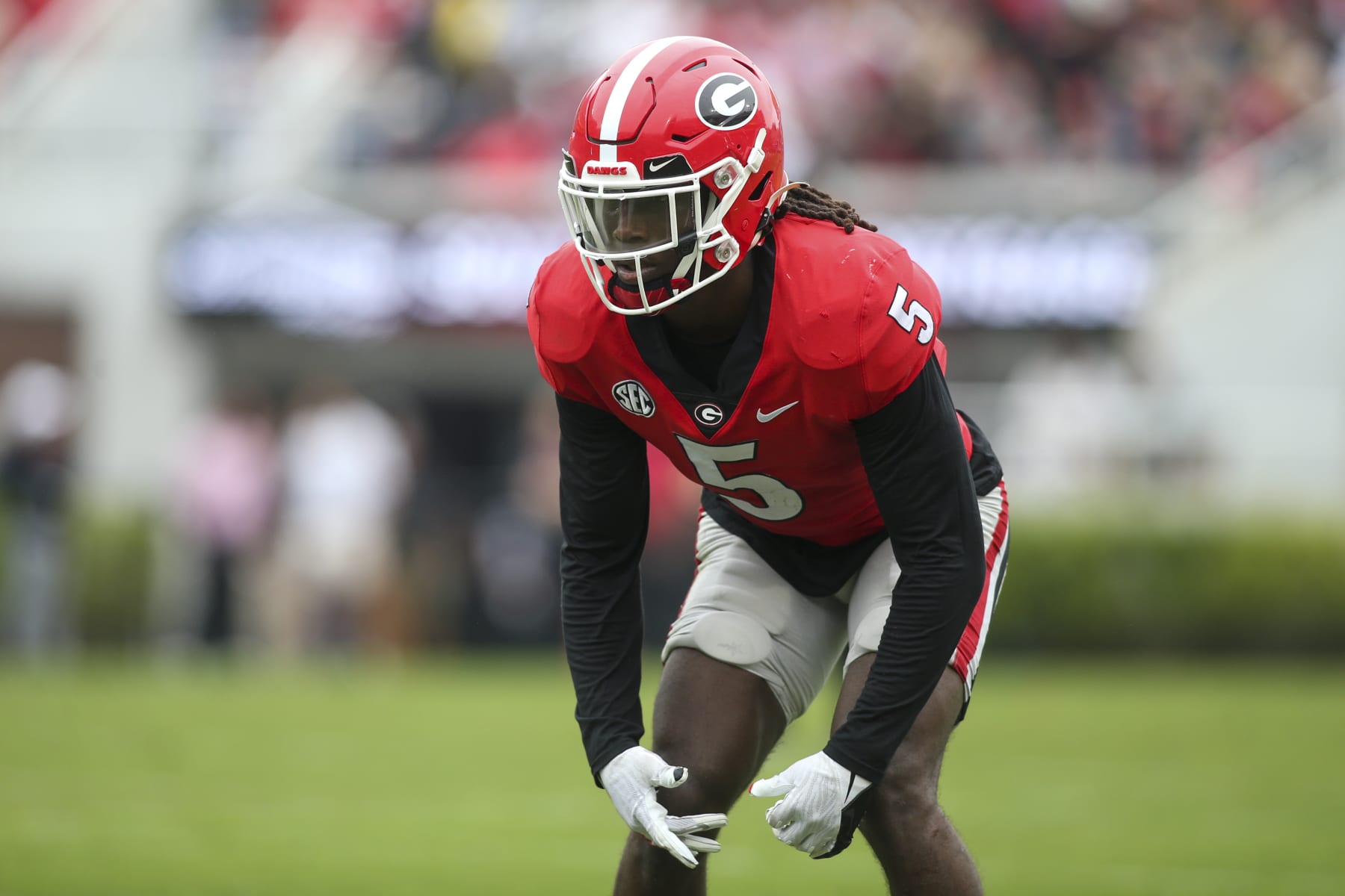 Georgia defensive back Kelee Ringo (5) in the first half of Georgia's spring NCAA college football game, Saturday, April 16, 2022, in Athens, Ga. (AP Photo/Brett Davis)