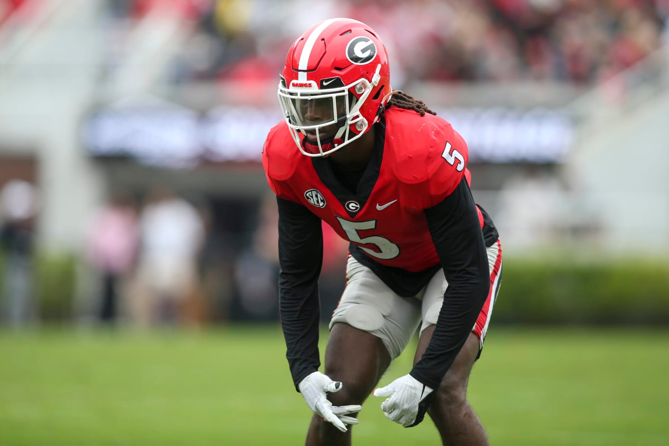 Georgia defensive back Kelee Ringo (5) in the first half of Georgia's spring NCAA college football game, Saturday, April 16, 2022, in Athens, Ga. (AP Photo/Brett Davis)