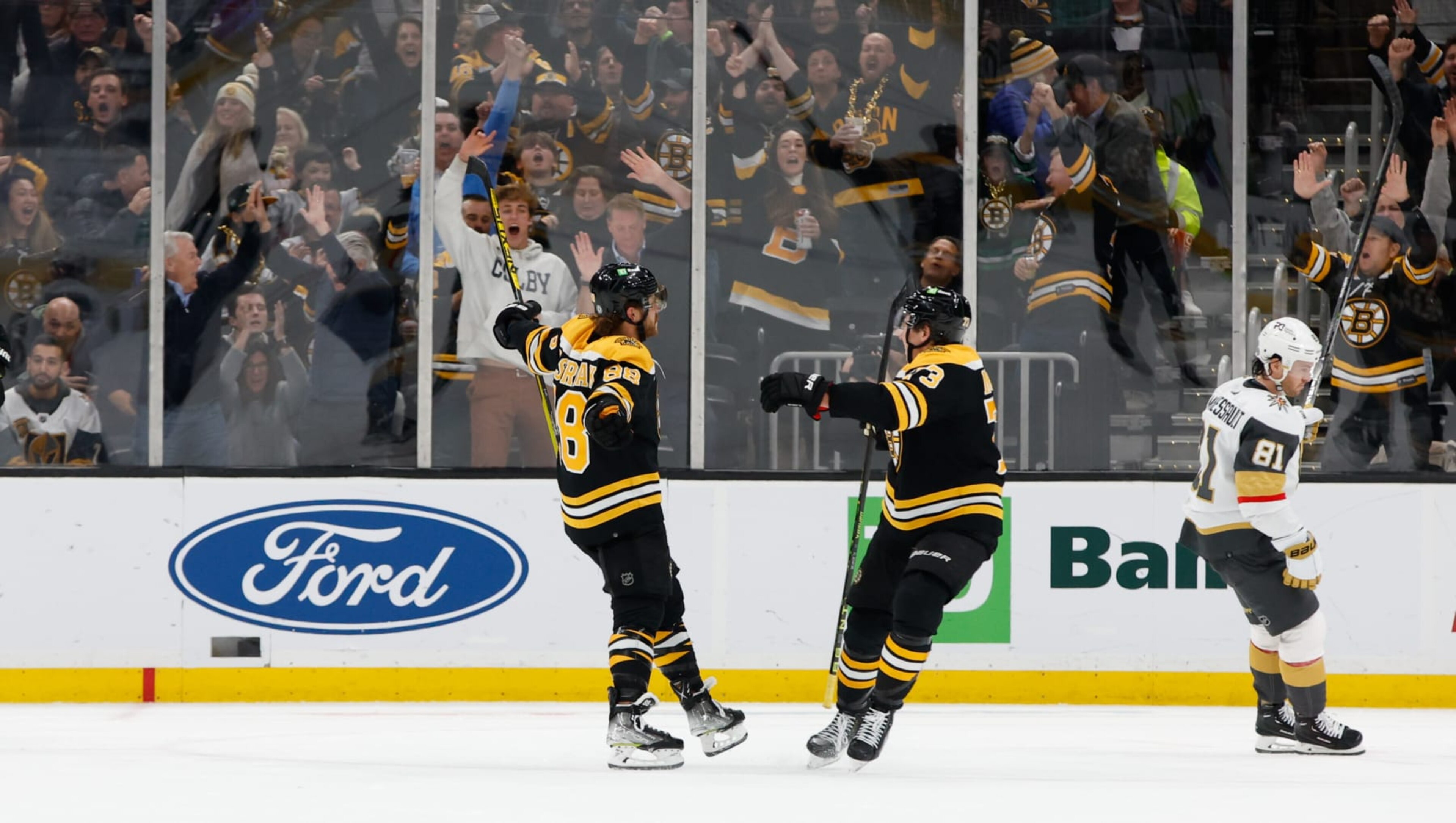 BOSTON, MA - DECEMBER 5: David Pastrnak #88 of the Boston Bruins celebrates his goal with teammate Charlie McAvoy #73 against the Vegas Golden Knights during the second period at the TD Garden on December 5, 2022 in Boston, Massachusetts. (Photo by Richard T Gagnon/Getty Images)