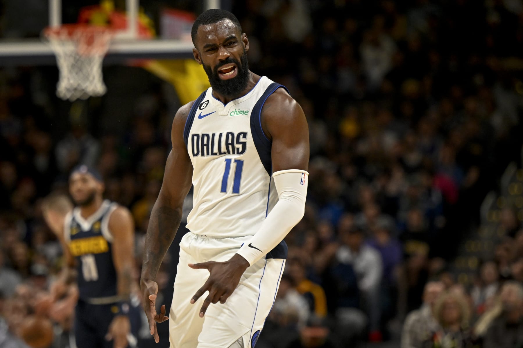 DENVER, CO - DECEMBER 6: Tim Hardaway Jr. (11) of the Dallas Mavericks gets hyped as the Denver Nuggets are forced to take a timeout during the first quarter at Ball Arena in Denver on Tuesday, December 6, 2022. (Photo by AAron Ontiveroz/MediaNews Group/The Denver Post via Getty Images)