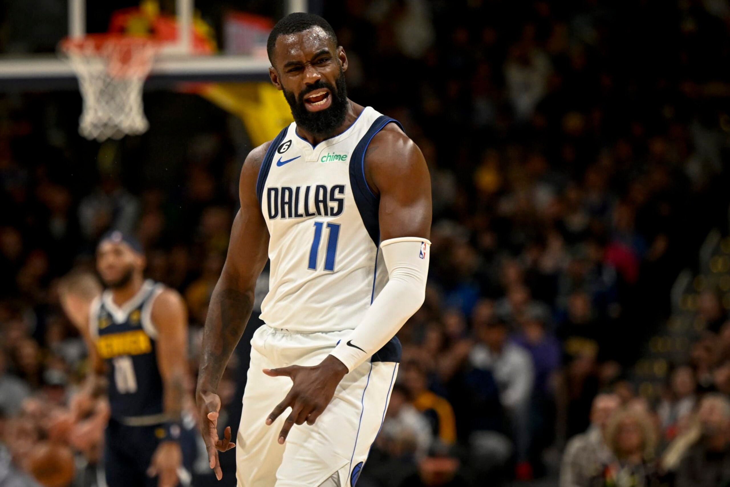 DENVER, CO - DECEMBER 6: Tim Hardaway Jr. (11) of the Dallas Mavericks gets hyped as the Denver Nuggets are forced to take a timeout during the first quarter at Ball Arena in Denver on Tuesday, December 6, 2022. (Photo by AAron Ontiveroz/MediaNews Group/The Denver Post via Getty Images) DENVER, CO - DECEMBER 6: Tim Hardaway Jr. (11) of the Dallas Mavericks gets hyped as the Denver Nuggets are forced to take a timeout during the first quarter at Ball Arena in Denver on Tuesday, December 6, 2022. (Photo by AAron Ontiveroz/MediaNews Group/The Denver Post via Getty Images)