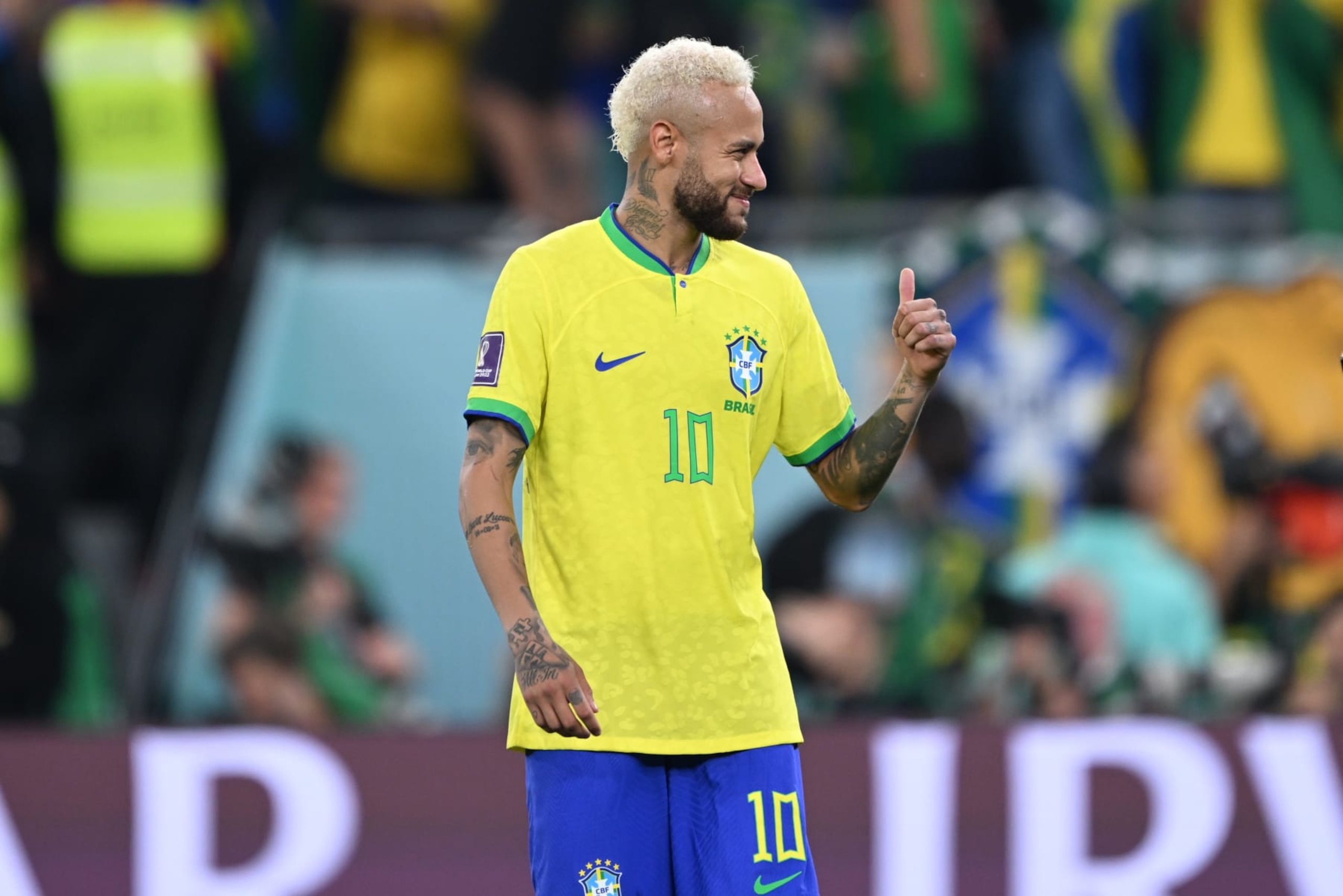 DOHA, QATAR - DECEMBER 05: Neymar of Brazil celebrates at the end of the FIFA World Cup Qatar 2022 Round of 16 match between Brazil and South Korea at Stadium 974 on December 05, 2022 in Doha, Qatar. (Photo by Ercin Erturk/Anadolu Agency via Getty Images)