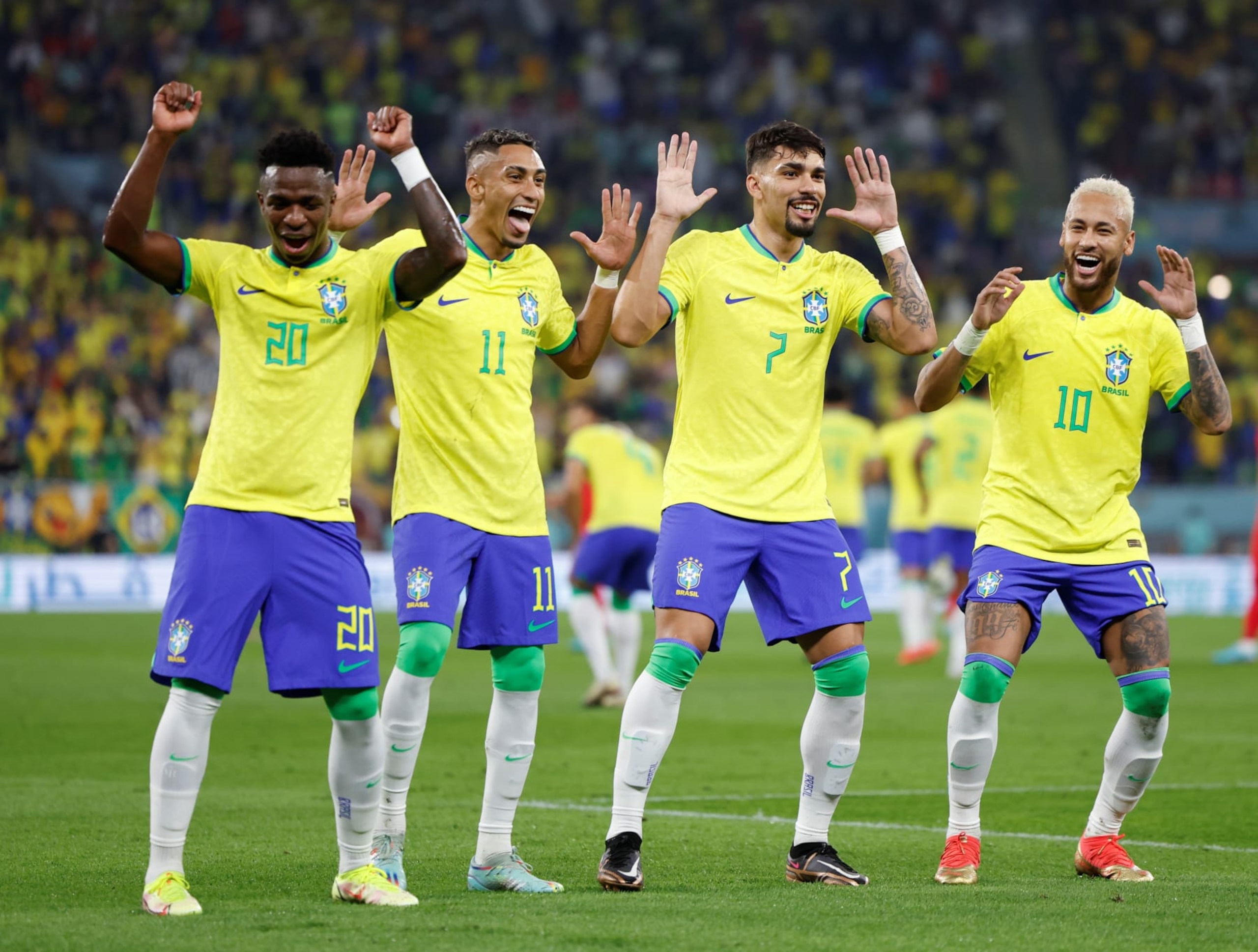 Neymar 1st R of Brazil celebrates with Vinicius Junior, Raphinha and Lucas Paqueta from L to R after scoring a penalty shot during the Round of 16 match between Brazil and South Korea at the 2022 FIFA World Cup at Ras Abu Aboud 974 Stadium in Doha, Qatar, Dec. 5, 2022. (Photo by Wang Lili/Xinhua via Getty Images)