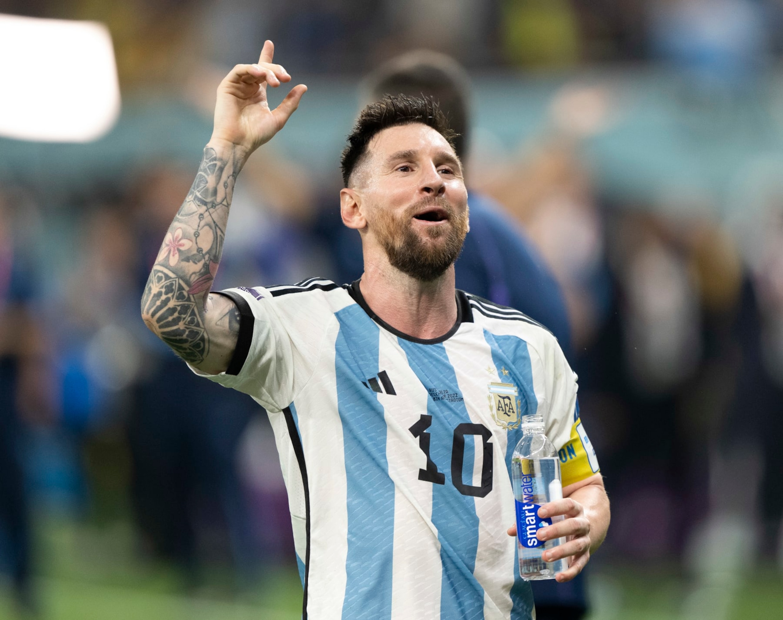 DOHA, QATAR - DECEMBER 03: Lionel Messi of Argentina celebrates after the FIFA World Cup Qatar 2022 Round of 16 match between Argentina and Australia at Ahmad Bin Ali Stadium on December 3, 2022 in Doha, Qatar. (Photo by Sebastian Frej/MB Media/Getty Images)