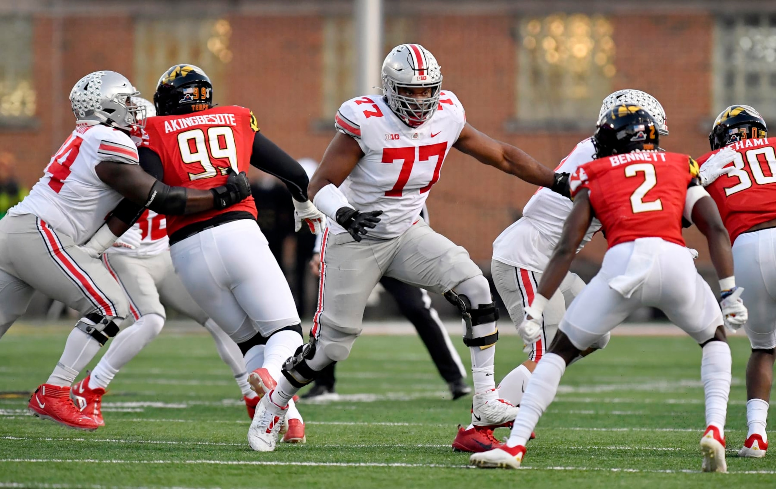 COLLEGE PARK, MD - NOVEMBER 19: Ohio State tackle Paris Johnson, Jr. (77) blocks during the Ohio State Buckeyes versus Maryland Terrapins game on November 19, 2022 at Capital One Field at Maryland Stadium in College Park, MD. (Photo by Randy Litzinger/Icon Sportswire via Getty Images)
