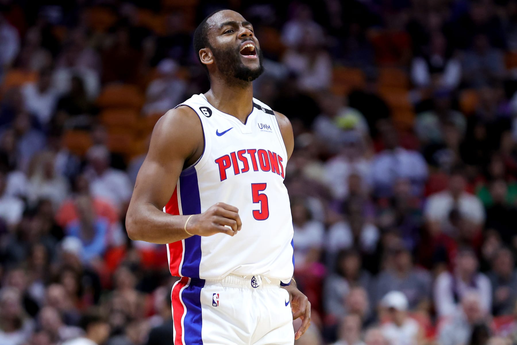 MIAMI, FLORIDA - DECEMBER 06: Alec Burks #5 of the Detroit Pistons reacts during the first quarter of the game against the Miami Heat at FTX Arena on December 06, 2022 in Miami, Florida. NOTE TO USER: User expressly acknowledges and agrees that, by downloading and or using this photograph, User is consenting to the terms and conditions of the Getty Images License Agreement. (Photo by Megan Briggs/Getty Images)