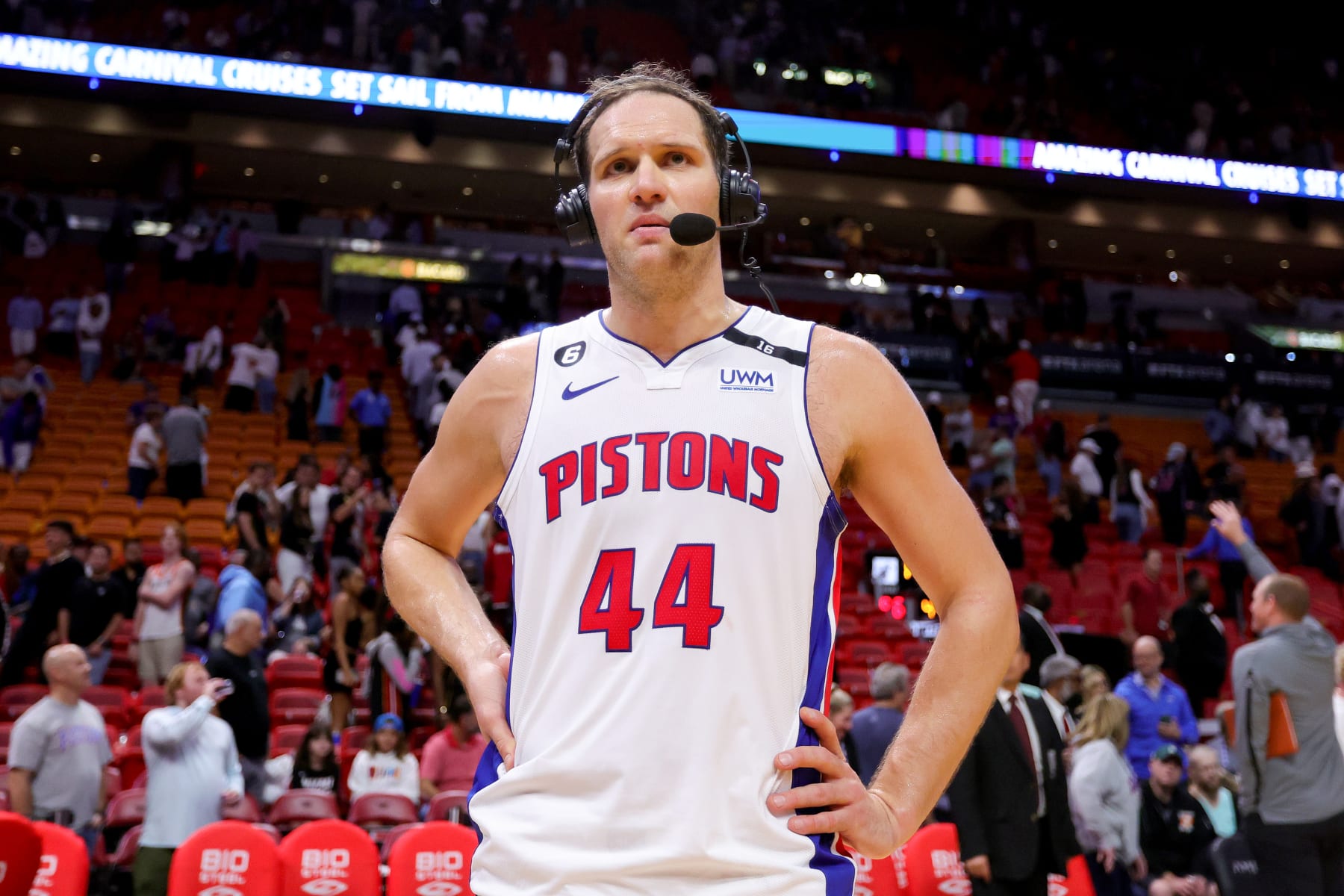 MIAMI, FLORIDA - DECEMBER 06: Bojan Bogdanovic #44 of the Detroit Pistons looks on during an interview after defeating the Miami Heat at FTX Arena on December 06, 2022 in Miami, Florida. NOTE TO USER: User expressly acknowledges and agrees that, by downloading and or using this photograph, User is consenting to the terms and conditions of the Getty Images License Agreement. (Photo by Megan Briggs/Getty Images)