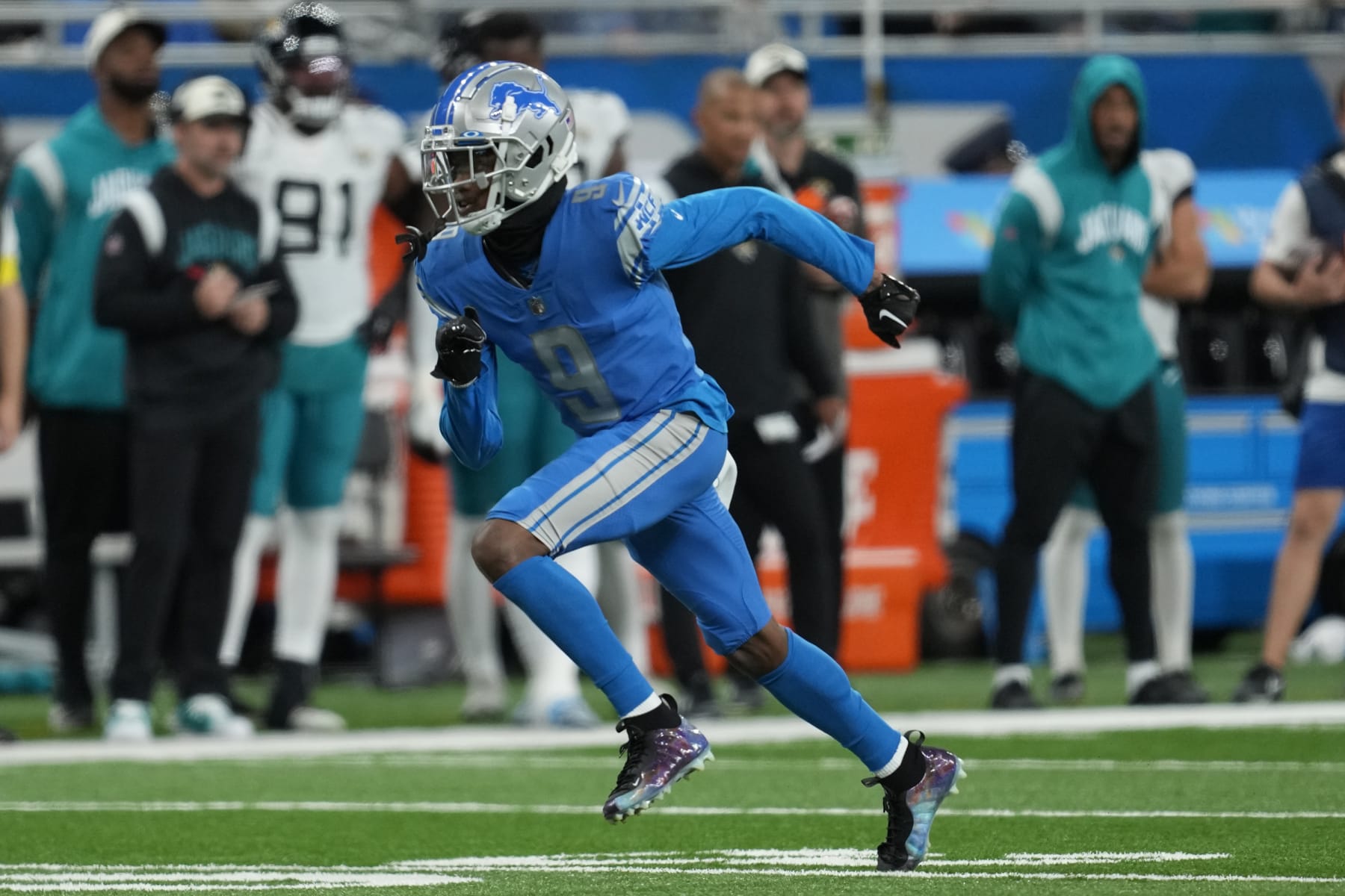 Detroit Lions wide receiver Jameson Williams runs a route against the Jacksonville Jaguars during an NFL football game in Detroit, Sunday, Dec. 4, 2022. (AP Photo/Paul Sancya)