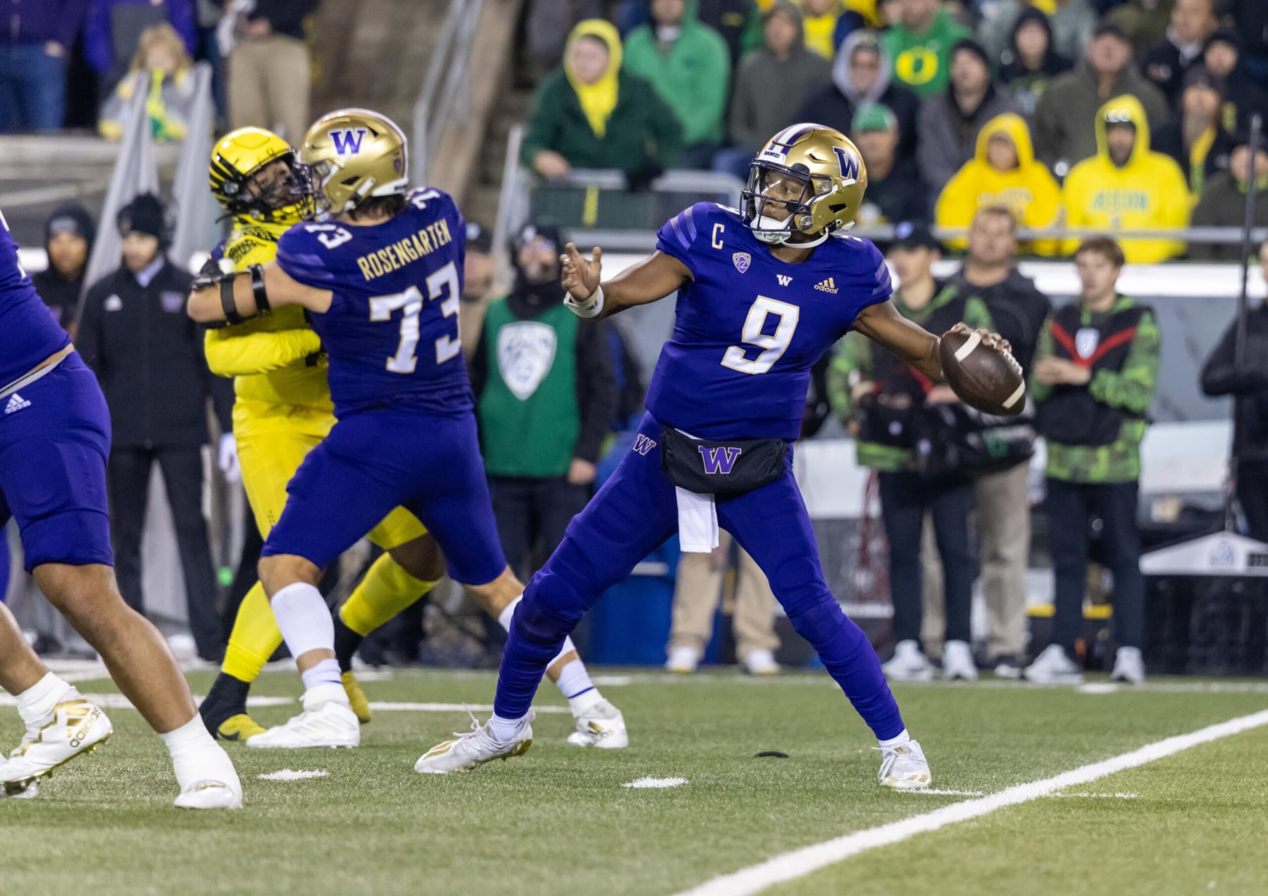 EUGENE, OR - NOVEMBER 12: Quarterback Michael Penix Jr. #9 of the Washington Huskies passes against the Oregon Ducks at Autzen Stadium on November 12, 2022 in Eugene, Oregon. (Photo by Tom Hauck/Getty Images) EUGENE, OR - NOVEMBER 12: Quarterback Michael Penix Jr. #9 of the Washington Huskies passes against the Oregon Ducks at Autzen Stadium on November 12, 2022 in Eugene, Oregon. (Photo by Tom Hauck/Getty Images)