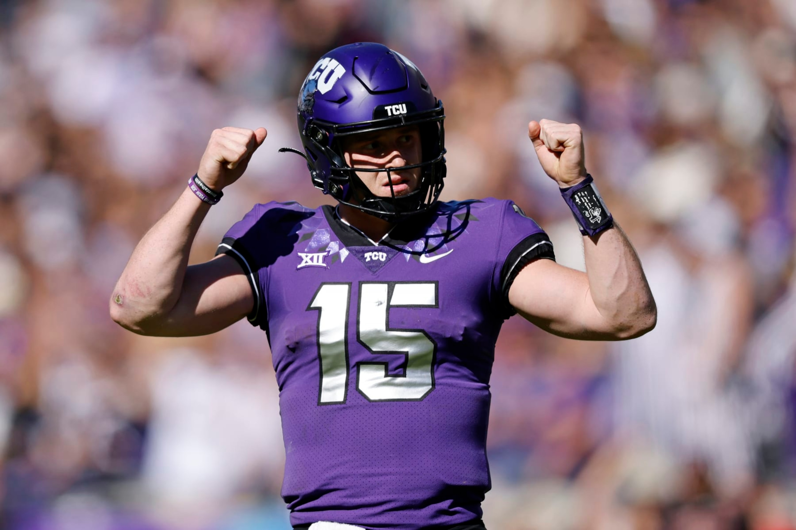 TCU quarterback Max Duggan (15) reacts after TCU made a first down against Texas Tech during the second half of an NCAA college football game Saturday, Nov. 5, 2022, in Fort Worth, Texas. (AP Photo/Ron Jenkins) TCU quarterback Max Duggan (15) reacts after TCU made a first down against Texas Tech during the second half of an NCAA college football game Saturday, Nov. 5, 2022, in Fort Worth, Texas. (AP Photo/Ron Jenkins)