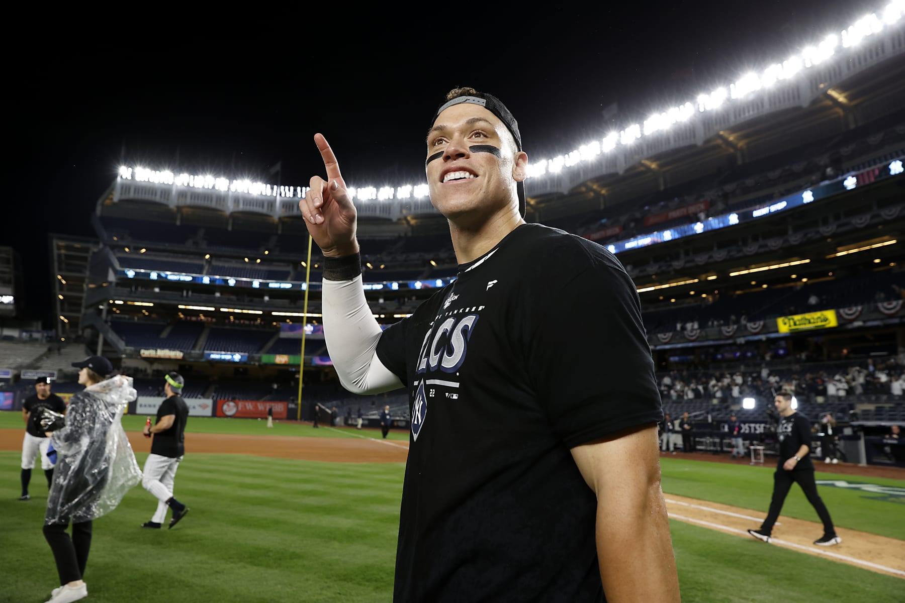 NEW YORK, NY - OCTOBER 18: Aaron Judge #99 of the New York Yankees celebrates after winning the American League Division Series at Yankee Stadium on October 18, 2022 in New York City. (Photo by New York Yankees/Getty Images)
