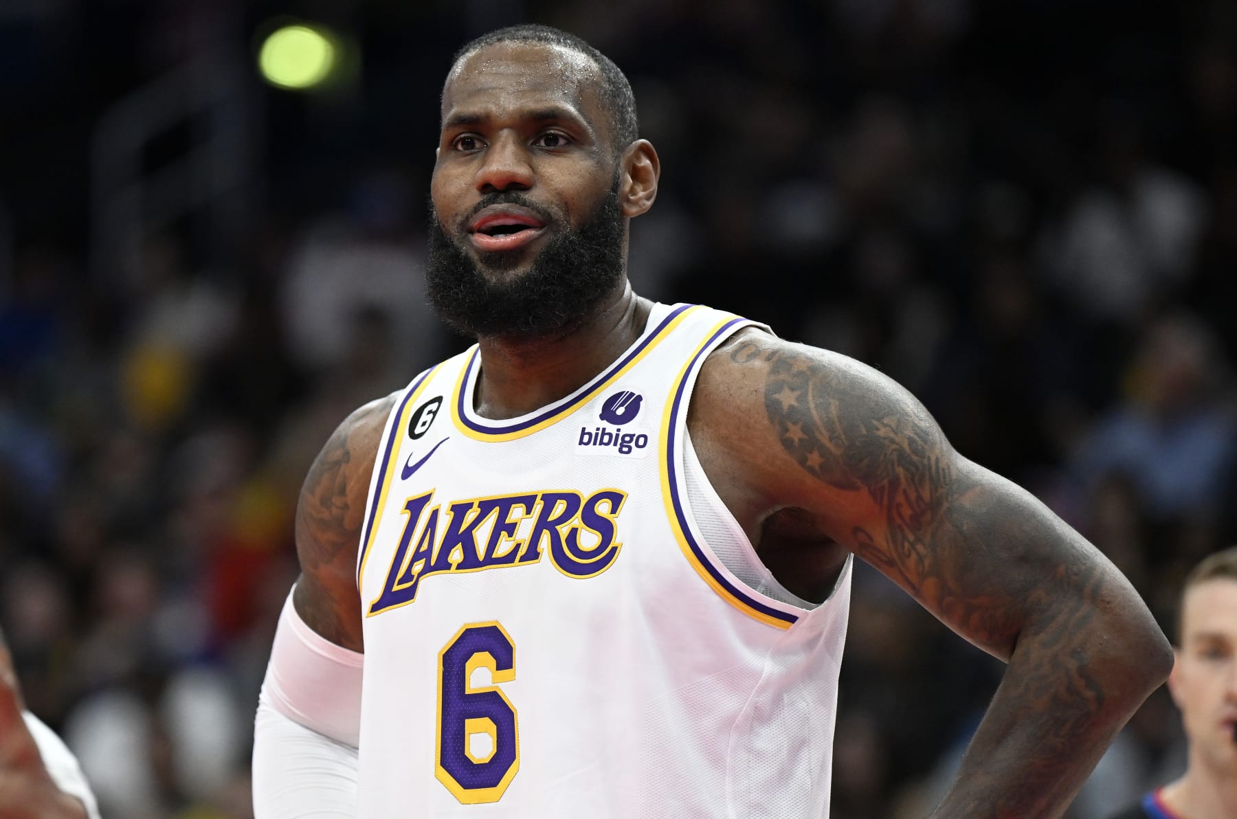 WASHINGTON, DC - DECEMBER 04: LeBron James #6 of the Los Angeles Lakers rests during a break in the game against the Washington Wizards at Capital One Arena on December 04, 2022 in Washington, DC. NOTE TO USER: User expressly acknowledges and agrees that, by downloading and or using this photograph, User is consenting to the terms and conditions of the Getty Images License Agreement.  (Photo by G Fiume/Getty Images)