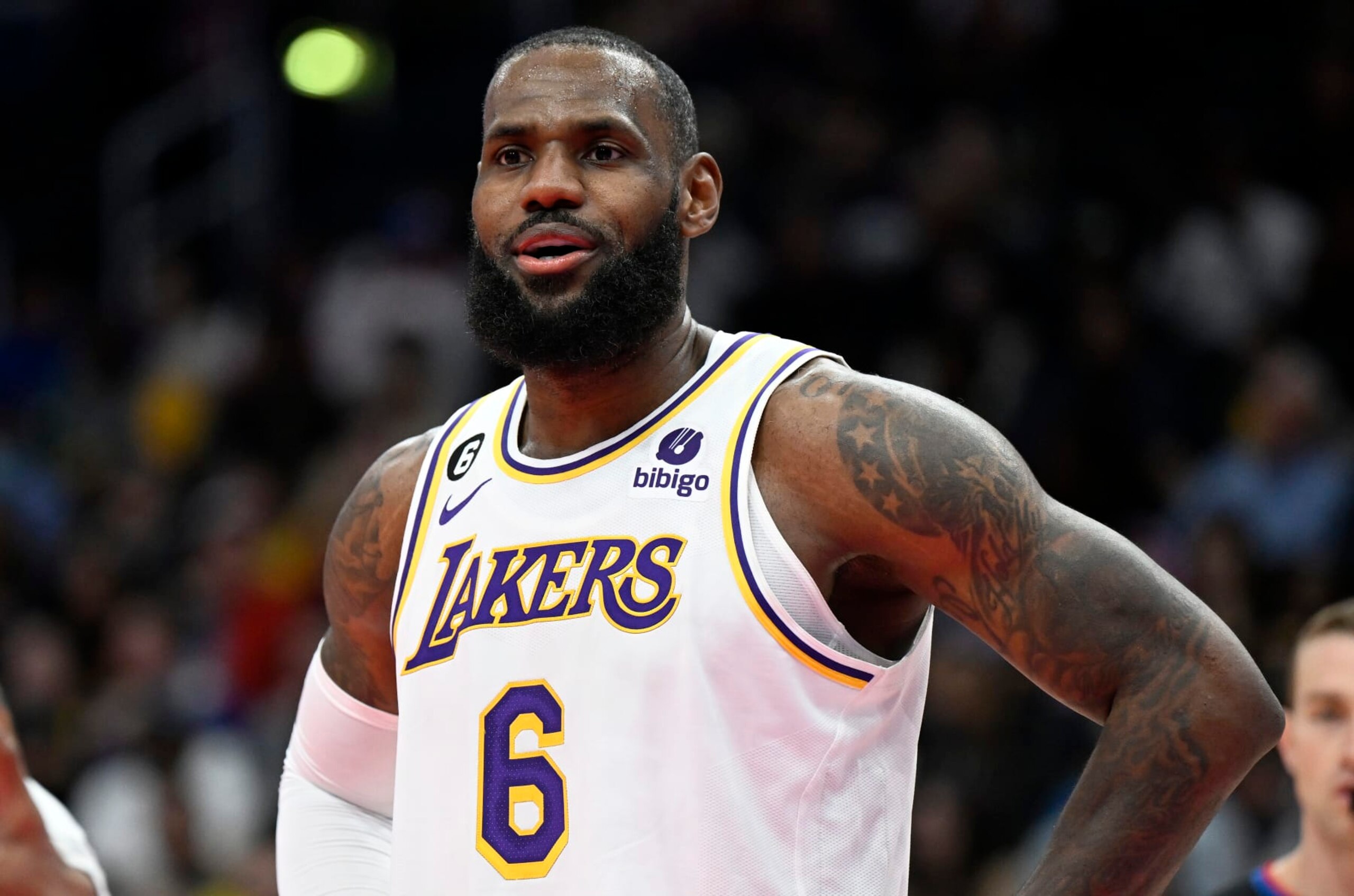 WASHINGTON, DC - DECEMBER 04: LeBron James #6 of the Los Angeles Lakers rests during a break in the game against the Washington Wizards at Capital One Arena on December 04, 2022 in Washington, DC. NOTE TO USER: User expressly acknowledges and agrees that, by downloading and or using this photograph, User is consenting to the terms and conditions of the Getty Images License Agreement.  (Photo by G Fiume/Getty Images)