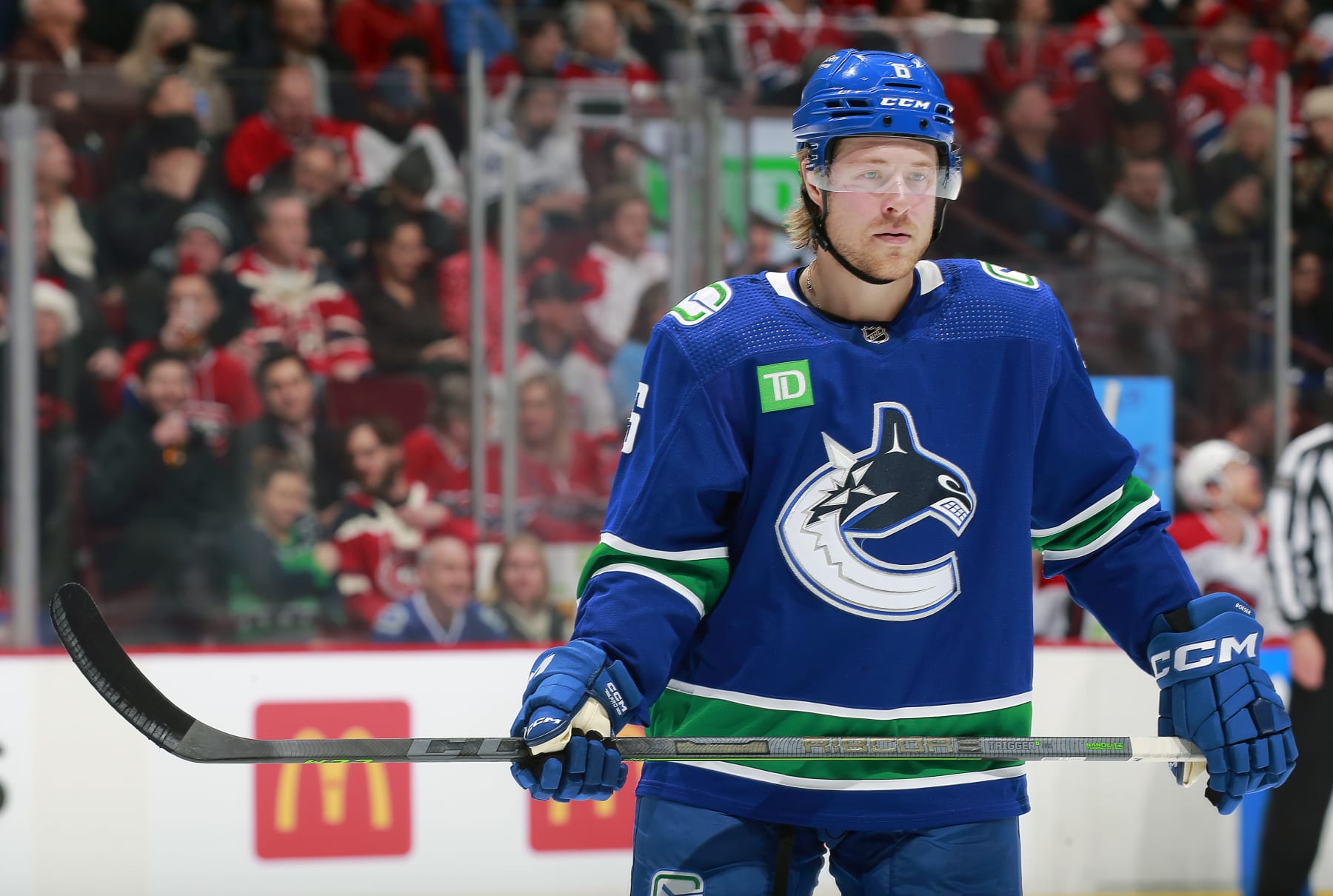 VANCOUVER, CANADA - DECEMBER 5: Brock Boeser #6 of the Vancouver Canucks skates up ice during their NHL game against the Montréal Canadiens at Rogers Arena December 5, 2022 in Vancouver, British Columbia, Canada.  (Photo by Jeff Vinnick/NHLI via Getty Images)