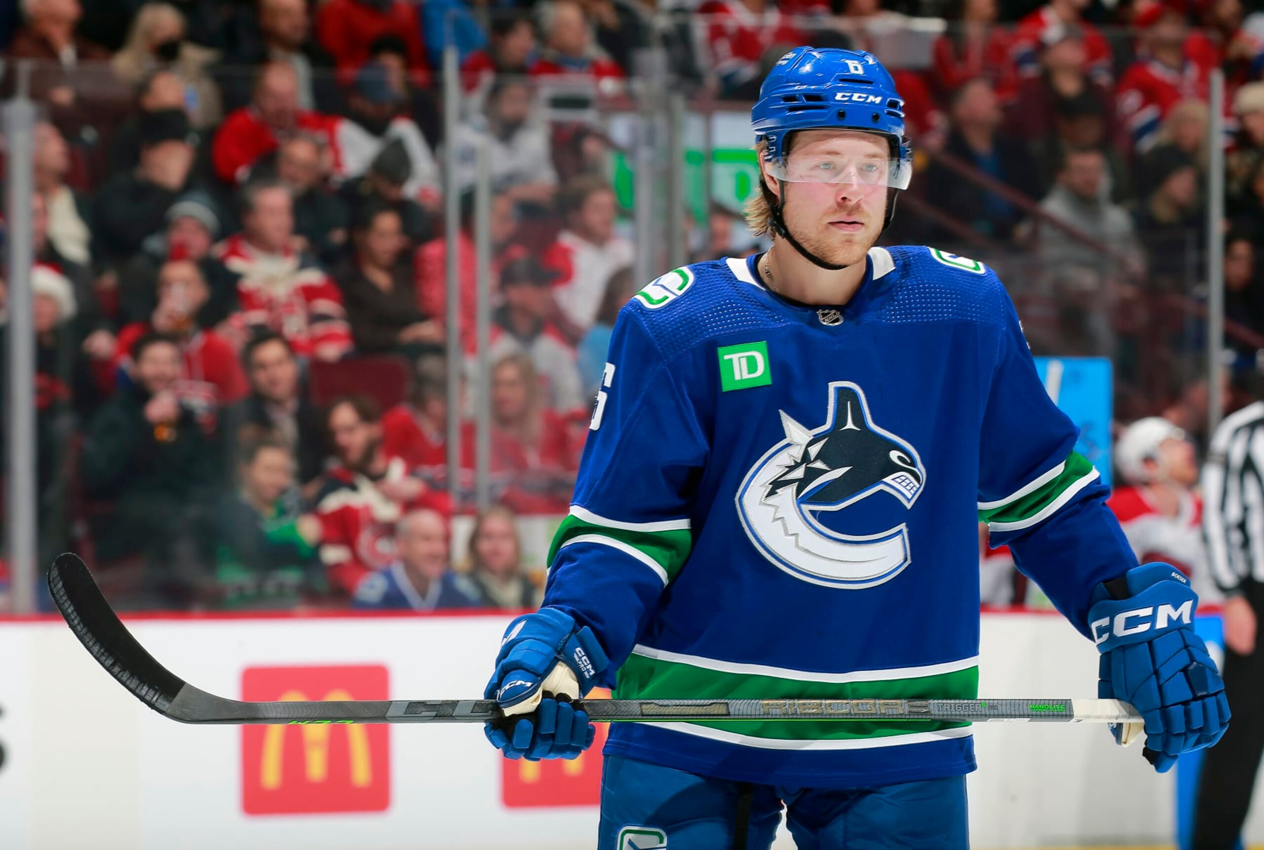 VANCOUVER, CANADA - DECEMBER 5: Brock Boeser #6 of the Vancouver Canucks skates up ice during their NHL game against the Montréal Canadiens at Rogers Arena December 5, 2022 in Vancouver, British Columbia, Canada.  (Photo by Jeff Vinnick/NHLI via Getty Images)