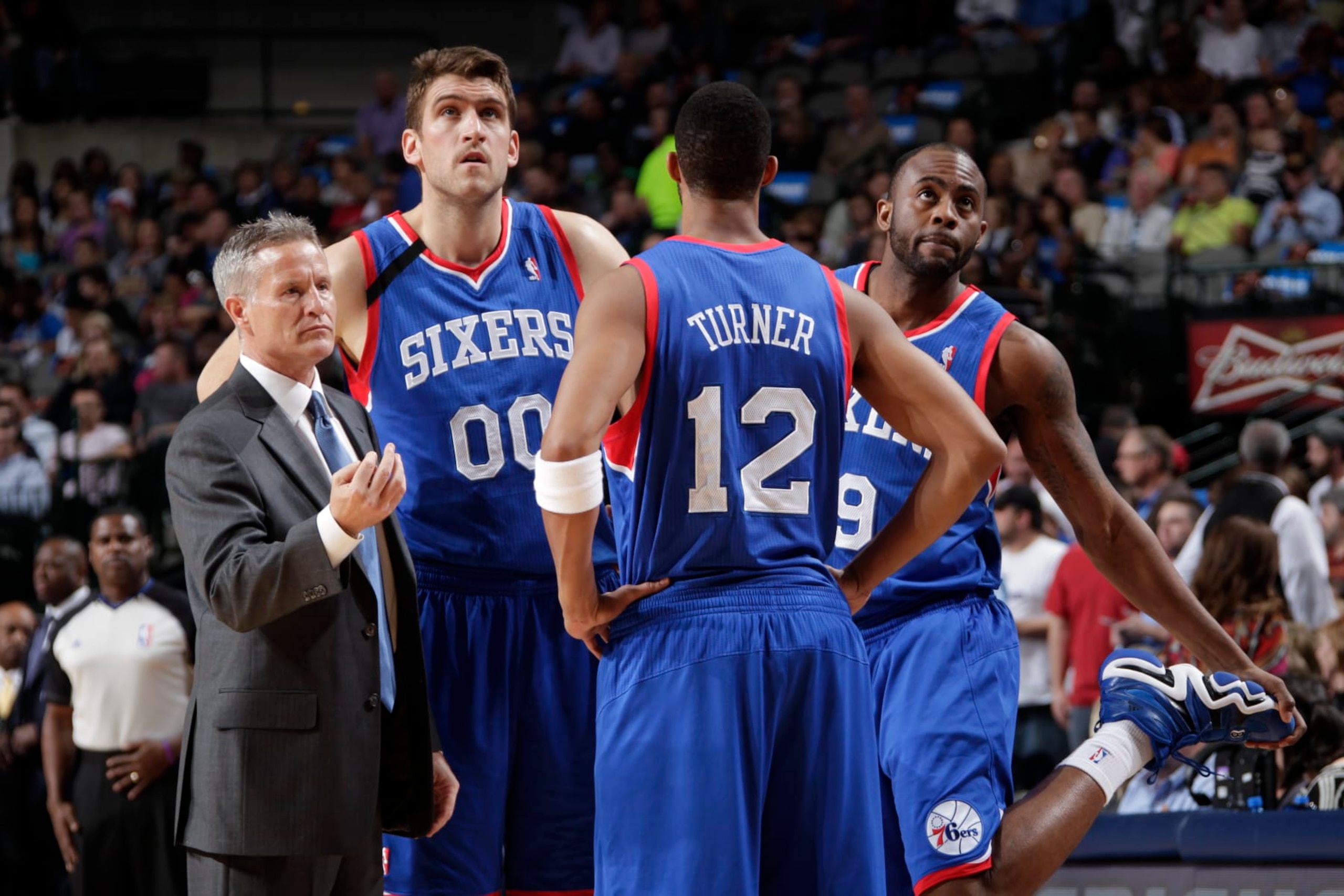Brett Brown, Spencer Hawes, Evan Turner and James Anderson