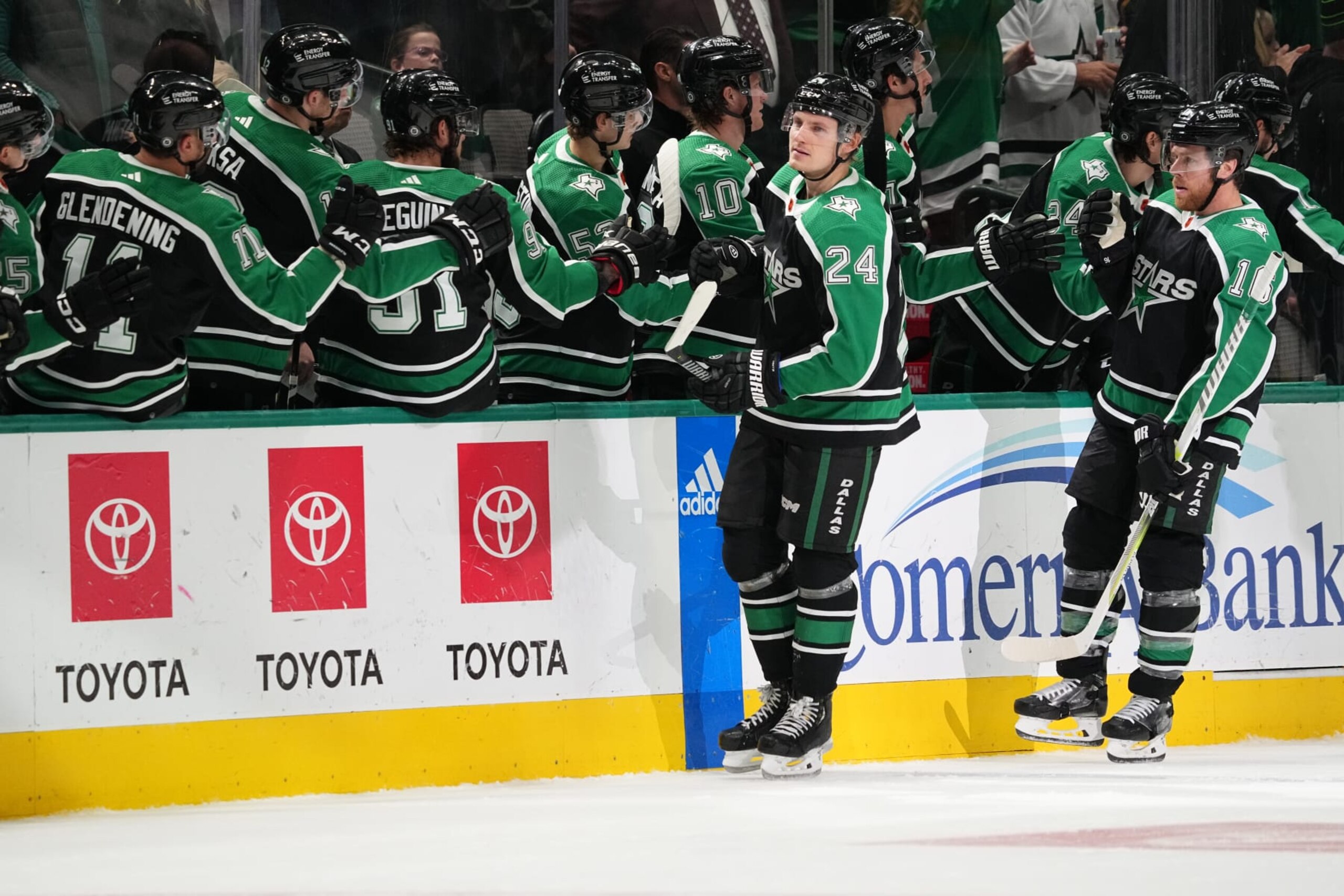DALLAS, TX - DECEMBER 4: Roope Hintz #24 and Joe Pavelski #16 of the Dallas Stars celebrate a goal against the Minnesota Wild at the American Airlines Center on December 4, 2022 in Dallas, Texas. (Photo by Glenn James/NHLI via Getty Images)