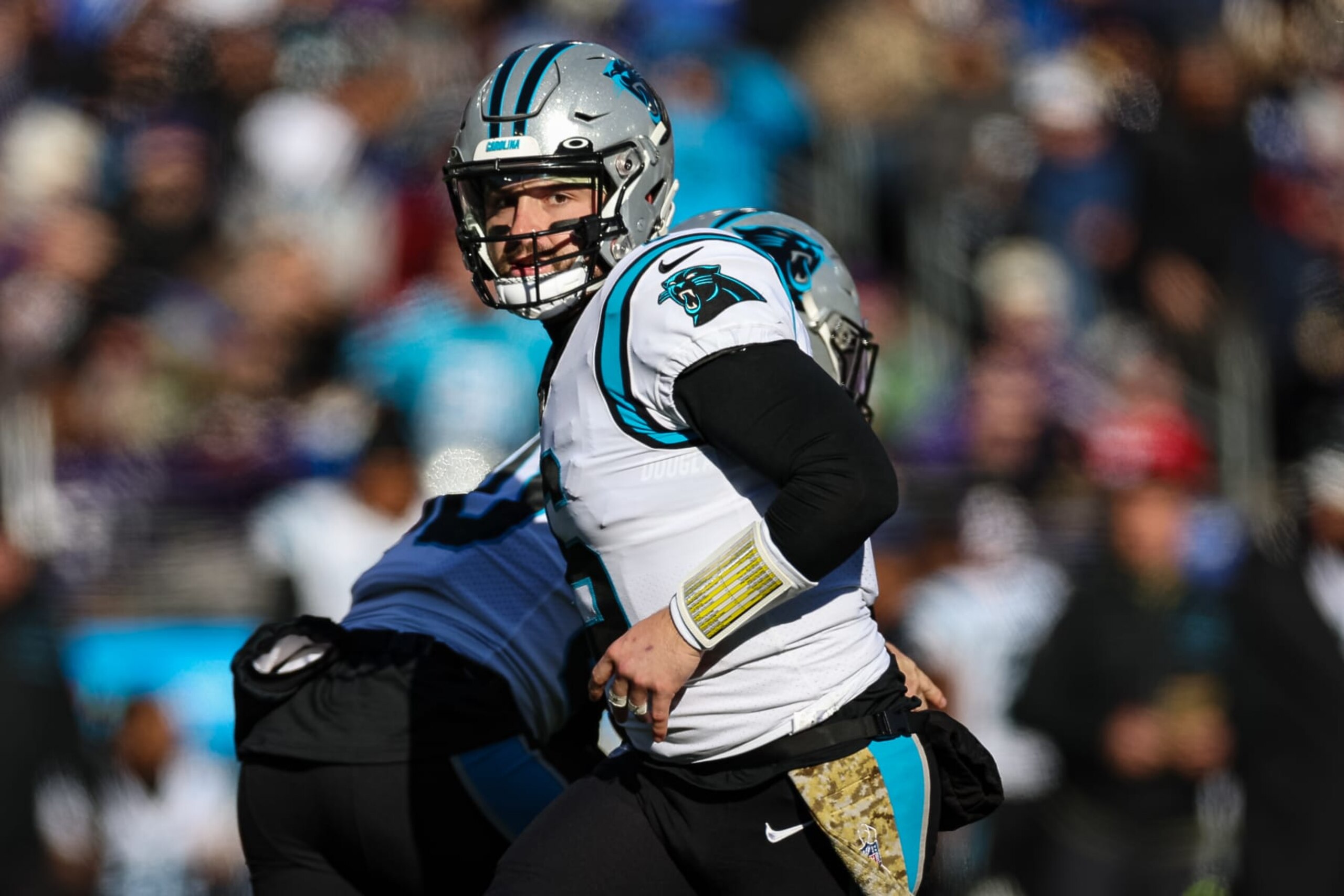BALTIMORE, MD - NOVEMBER 20: Baker Mayfield #6 of the Carolina Panthers in action against the Baltimore Ravens during the first half at M&T Bank Stadium on November 20, 2022 in Baltimore, Maryland. (Photo by Scott Taetsch/Getty Images)