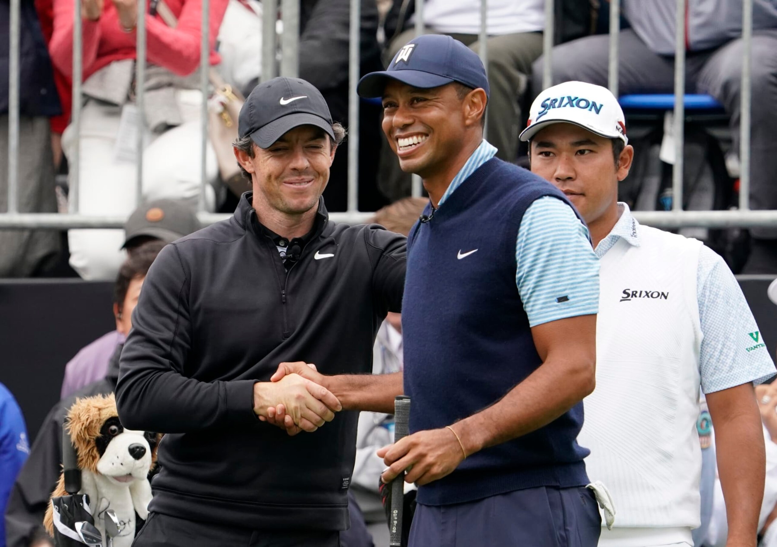 Tiger Woods of the United States, center, shakes hands with Rory McIlroy of Northern Ireland, left, as Hideki Matsuyama of Japan, right, stands during the Challenge: Japan Skins event ahead of the Zozo Championship PGA Tour at Accordia Golf Narashino C.C. in Inzai, east of Tokyo, Monday, Oct. 21, 2019. (AP Photo/Lee Jin-man) Tiger Woods of the United States, center, shakes hands with Rory McIlroy of Northern Ireland, left, as Hideki Matsuyama of Japan, right, stands during the Challenge: Japan Skins event ahead of the Zozo Championship PGA Tour at Accordia Golf Narashino C.C. in Inzai, east of Tokyo, Monday, Oct. 21, 2019. (AP Photo/Lee Jin-man)
