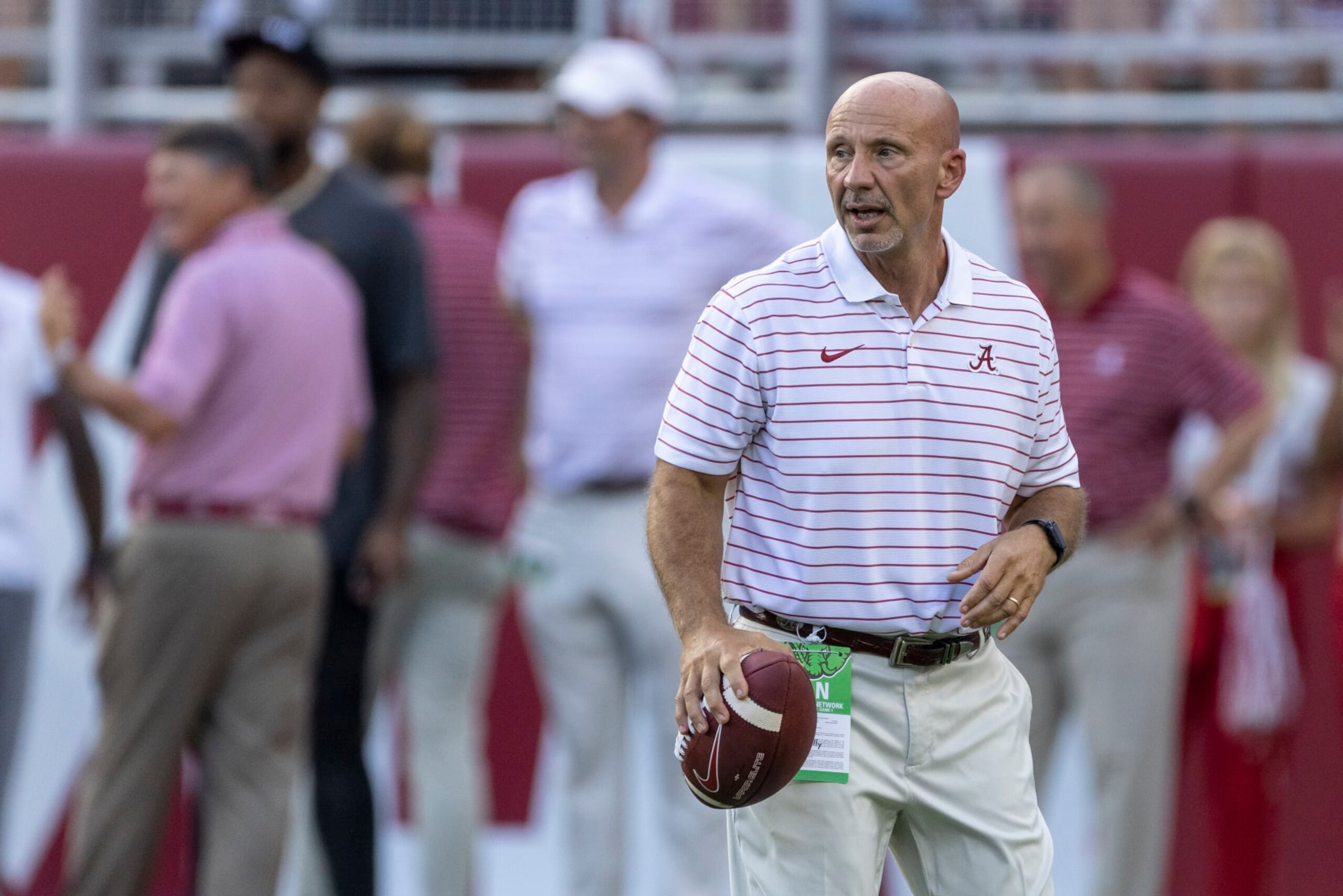 Alabama safeties coach Charles Kelly warms up his players before an NCAA college football game against Utah State, Saturday, Sept. 3, 2022, in Tuscaloosa, Ala. (AP Photo/Vasha Hunt) Alabama safeties coach Charles Kelly warms up his players before an NCAA college football game against Utah State, Saturday, Sept. 3, 2022, in Tuscaloosa, Ala. (AP Photo/Vasha Hunt)