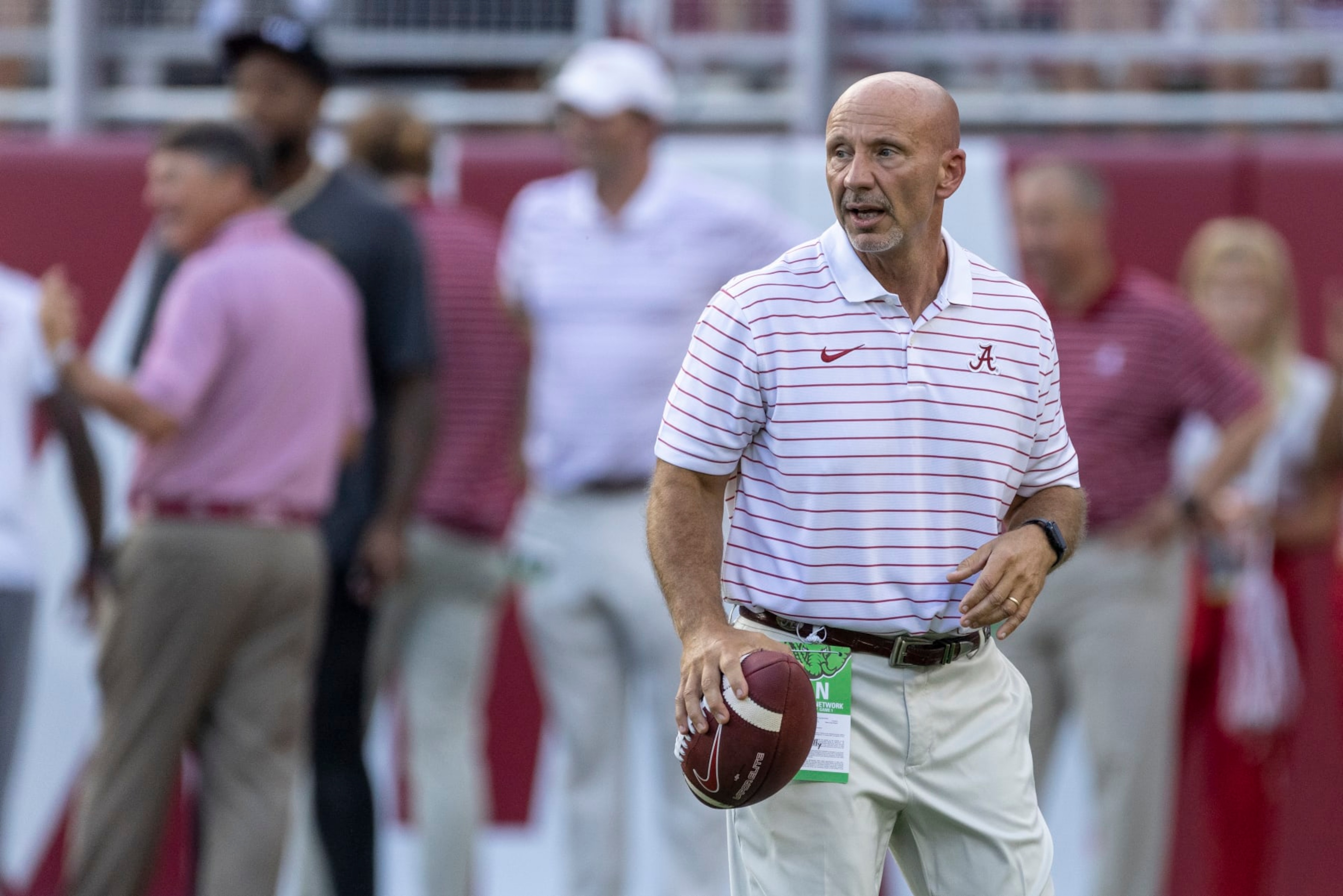 Alabama safeties coach Charles Kelly warms up his players before an NCAA college football game against Utah State, Saturday, Sept. 3, 2022, in Tuscaloosa, Ala. (AP Photo/Vasha Hunt) Alabama safeties coach Charles Kelly warms up his players before an NCAA college football game against Utah State, Saturday, Sept. 3, 2022, in Tuscaloosa, Ala. (AP Photo/Vasha Hunt)