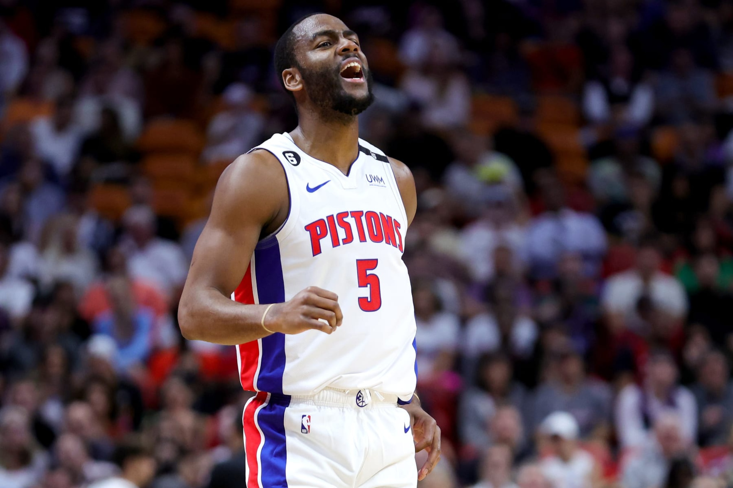 MIAMI, FLORIDA - DECEMBER 06: Alec Burks #5 of the Detroit Pistons reacts during the first quarter of the game against the Miami Heat at FTX Arena on December 06, 2022 in Miami, Florida. NOTE TO USER: User expressly acknowledges and agrees that, by downloading and or using this photograph, User is consenting to the terms and conditions of the Getty Images License Agreement. (Photo by Megan Briggs/Getty Images) MIAMI, FLORIDA - DECEMBER 06: Alec Burks #5 of the Detroit Pistons reacts during the first quarter of the game against the Miami Heat at FTX Arena on December 06, 2022 in Miami, Florida. NOTE TO USER: User expressly acknowledges and agrees that, by downloading and or using this photograph, User is consenting to the terms and conditions of the Getty Images License Agreement. (Photo by Megan Briggs/Getty Images)